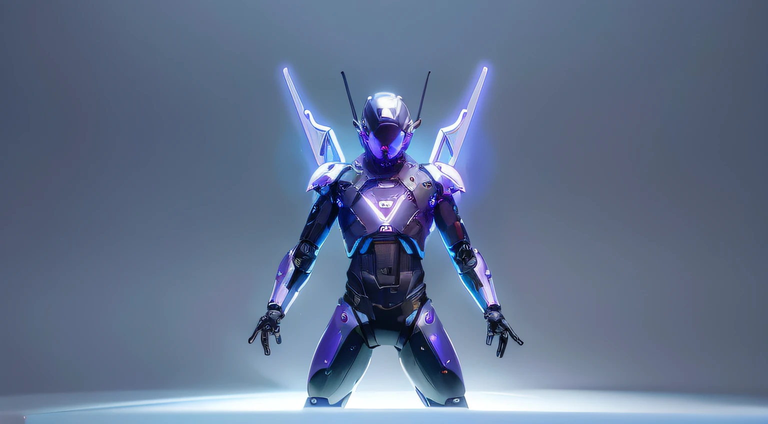 wings leds, divine paradise. neon blue and Purple butterfly wings leds. heavenly illumination. God. Holy robotic. levitating. Position of god. Floating in a cathedral. strong, robust and masculine body. fat arms. Position of divinity. Floating. divine statue, pedestal, holy pedestal. levitating. masterpiece, best quality, a close up of a futuristic looking cyborg man with a fantastic cyber helmet head with blue and Purple triangle led lights and a halo, full body, dancing. dance. synthwave ballad. silver pants. wearing a blue and Purple techwear jacket, white church in background. jump, full body, robotic legs. divine statue, pedestal, holy pedestal. neon blue and Purple butterfly wings leds.