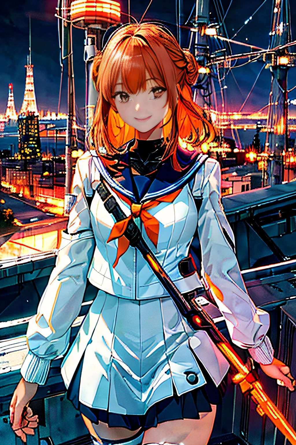 Cybernetic arm and glowing cyber girl,(J Women's Uniform,a sailor suit,White skirt,)Stand on a post-apocalyptic battlefield cityscape.Surrounded by a network of wires. Surrounded by a web of circuits. (Cyber Girl with Orange Glowing Sword:1.3), Glossy light brown and orange striped shorthair,Cute smile,Perfect round face,Black eyes,A cheerful smile that makes the viewer happy,Proper body proportion,Intricate details,Very delicate and beautiful hair,photos realistic,Dreamy,Professional Lighting,realistic shadow,Solo Focus,Beautiful hands,Beautiful fingers,Detailed finger features,detailed clothes features,Detailed hair features,detailed facial features,(masutepiece,top-quality,Ultra-high resolution output image,) ,(The 8k quality,),(Image Mode Ultra HD,),(Image Mode Ultra HD,),(SeaArt2 Mode.1:1.3),Science fiction fantasy