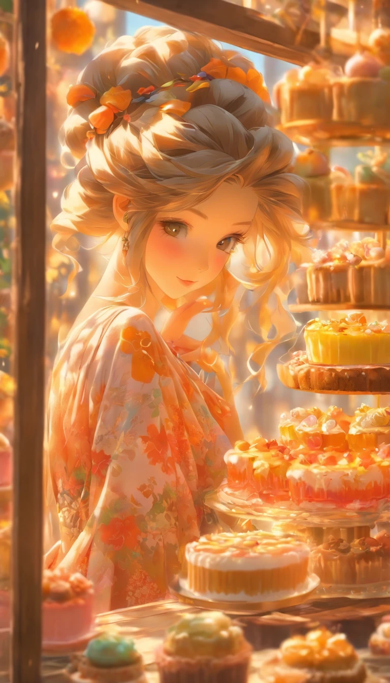 A girl in a bohemian dress chooses a cake in a dessert shop,Girl's hair is slightly curly,with fair skin,Japanese manga style,The girl leaned over and stared at the exquisite variety of cakes and desserts in the window,There are cupcakes in the windows,panini,donut,The windows are exquisite,High-quality diagrams,Cool autumn days,Japanese healing system