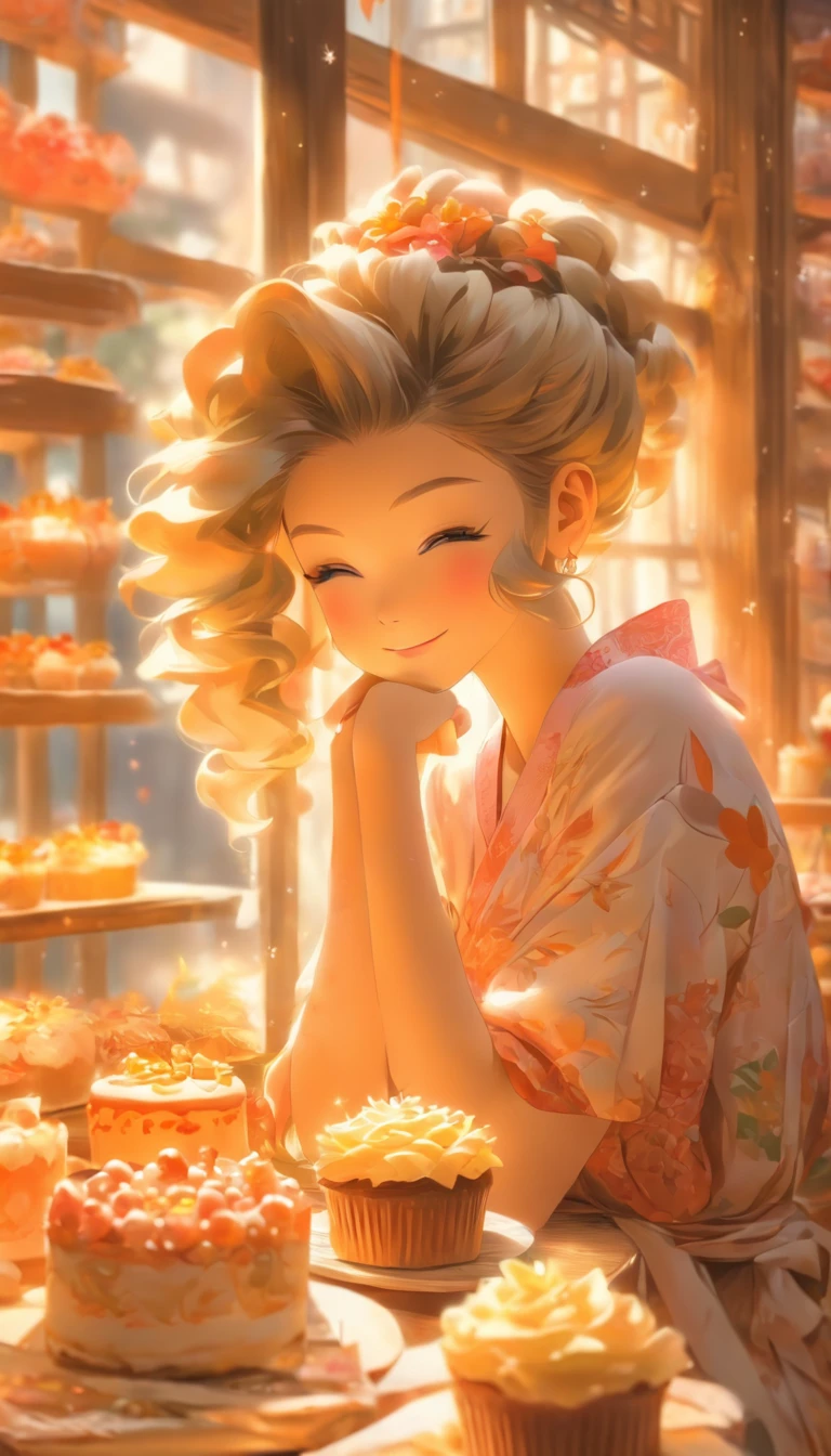 A girl in a bohemian dress chooses a cake in a dessert shop，Girl's hair is slightly curly，with fair skin，Japanese manga style，The girl leaned over and stared at the exquisite variety of cakes and desserts in the window，There are cupcakes in the windows，panini，donut，The windows are exquisite，High-quality diagrams，Cool autumn days，Japanese healing system