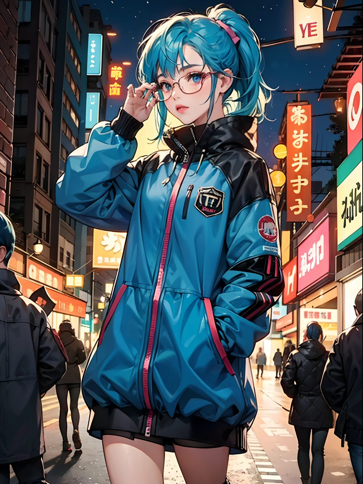 A girl with blue hair Pony tail wearing glases, on night street cyberpunk city