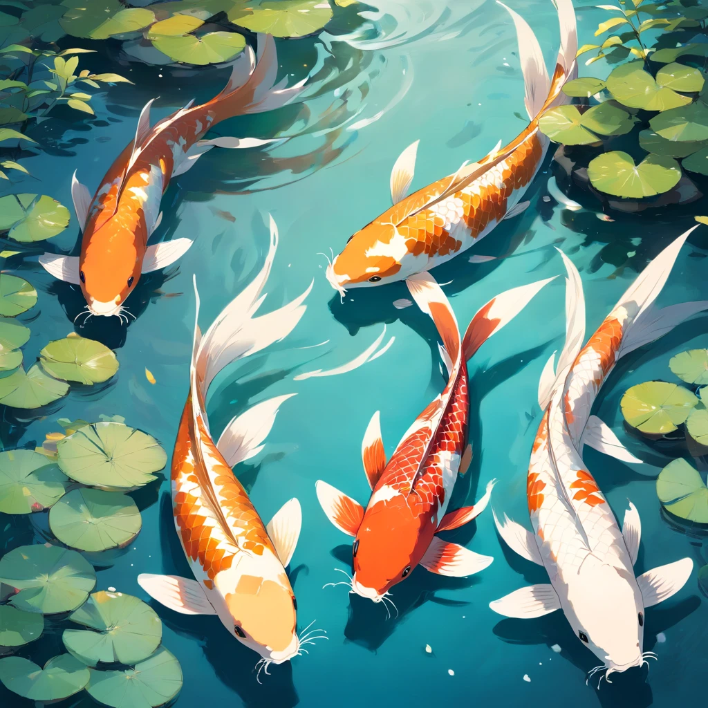 (best quality,4k,highres),detailed colorful koi fish swimming in a tranquil pond,traditional ink painting style,shimmering reflections and water ripples,serene and peaceful atmosphere,colorful and vibrant scales of the koi fish,realistic and intricate brushwork,subtle shading and highlights on the scales,eye-catching patterns and graceful movements,fine details of the fins and tails,authentic Japanese art form,harmonious composition and balance,subtle variations of ink tones and textures,delicate use of negative space to create a serene ambiance,artistic depiction of the elegant and graceful carps,tranquil garden setting with lush greenery and blossoming flowers,soft natural lighting that gently illuminates the scene,serenity and tranquility captured in the artwork,traditional Japanese calligraphy brush used to create the ink strokes.