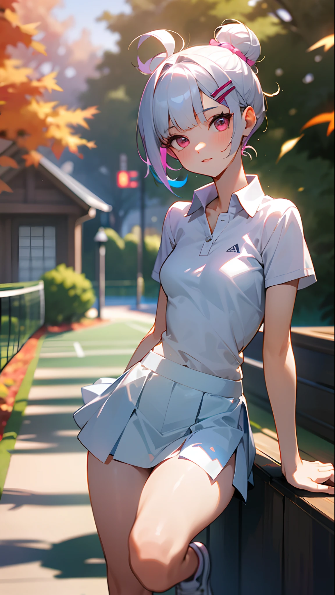 girl with, Solo, Tennis attracts, White polo shirt, White sneakers, White mini skirt, Short hair with silver bob styled in a bun with hair clip, Pink eyes, Small breasts, outside of house, Autumn trees々, Bokeh, hightquality, 4K, Portraits, Vibrant colors, Natural lighting.