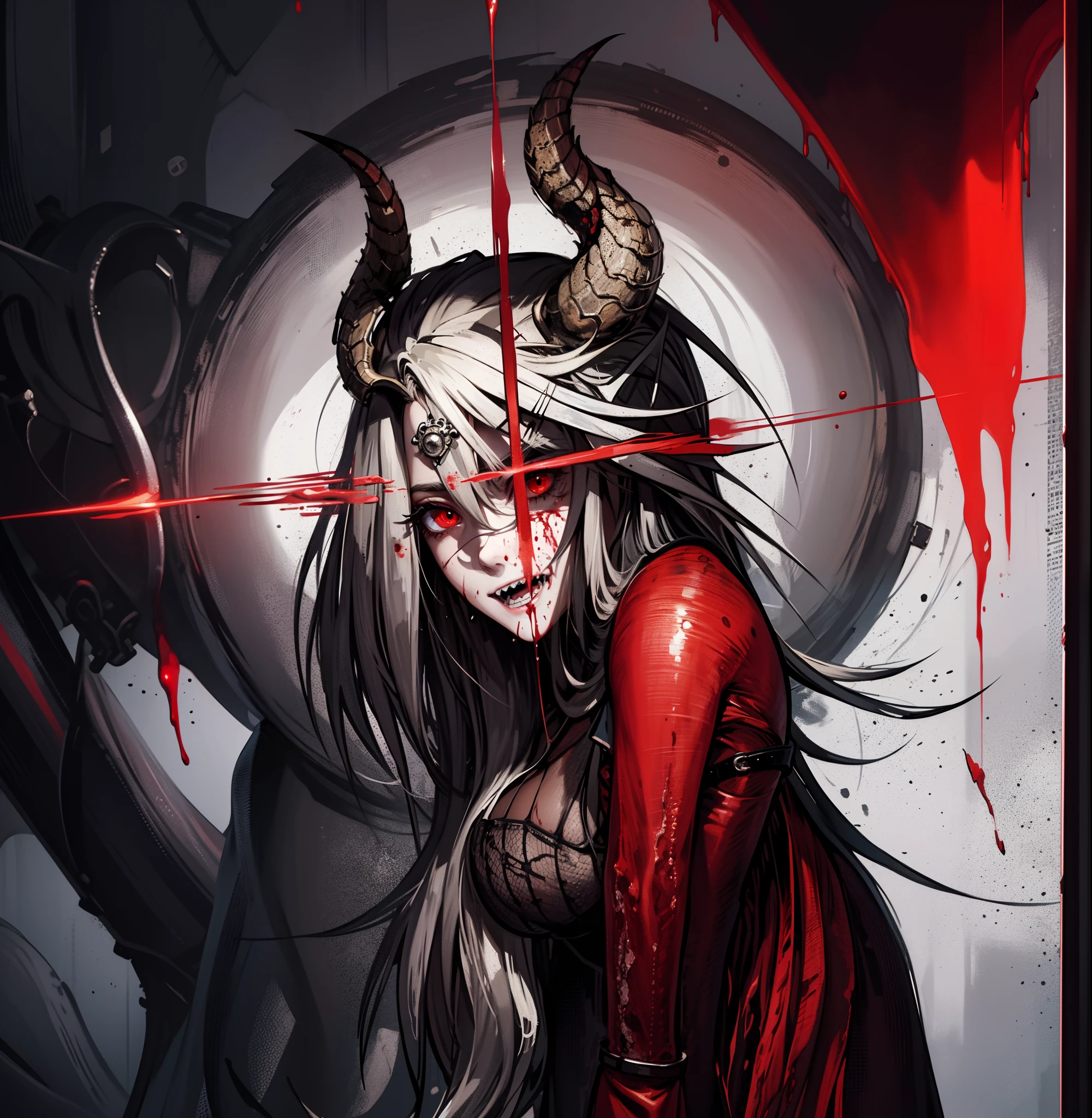 ((8K:1.4)), Impeccable, acurate, (hight resolution:1.2), (higly detailed), hiquality, (tmasterpiece:1.8), The girl pulls out her sword, (dark-skin:1.8) (injured:1.2)), ((rusty_fingernails_in_Skin)), (agony), (icy:1.2), (Camouflage top:1.2)), (long disheveled gray hair), (Red_sclera:1.2), ((Blurred flesh and blood)), (the madhatter_Smile:1.2), (Blood covers the face:1.6), There is blood all around, (blood on the clothes:1.2), ((blood vessels:1.2))), (((Internal organs:1.2))), Trauma to the oral cavity, scar, (cuts_UPON_Skin:1.2), blood on the lips, ((anatomically accurate:1.6)), Very wide open mouth, (Body horror:1.2), (Meat clothing:1.2), Features of the monster:1.2), Monster Face, (((Devil's Eyes:1.6))), (sharp teeth),The Sword of the Demon,White Backgrouni Wash Style,Red-eyed,white tshirt,black shorts