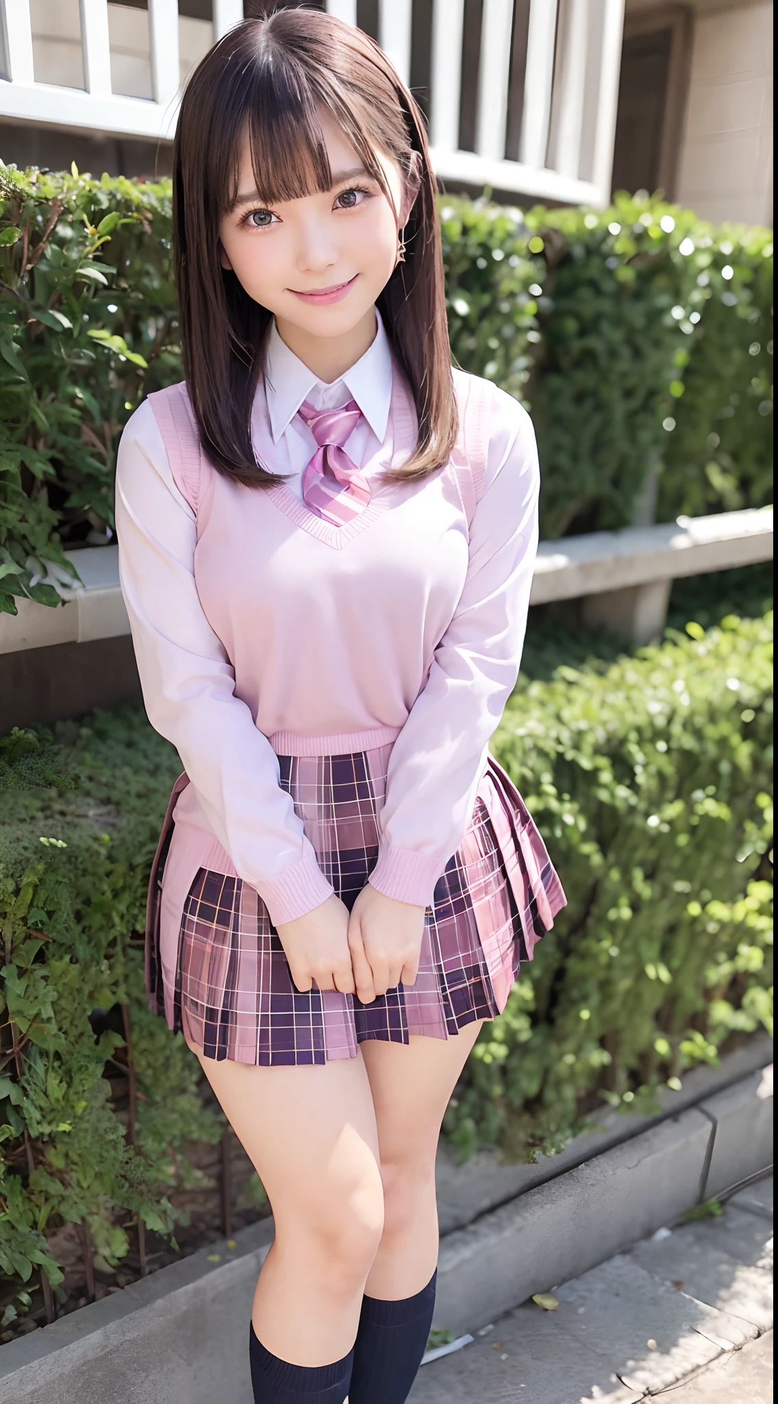 der riese,(high-school uniform:1.2), ((A smile:1.2)), Looking down, Pink skirt, Stomping, low angles、thighs thighs thighs thighs、a miniskirt、Pink tie