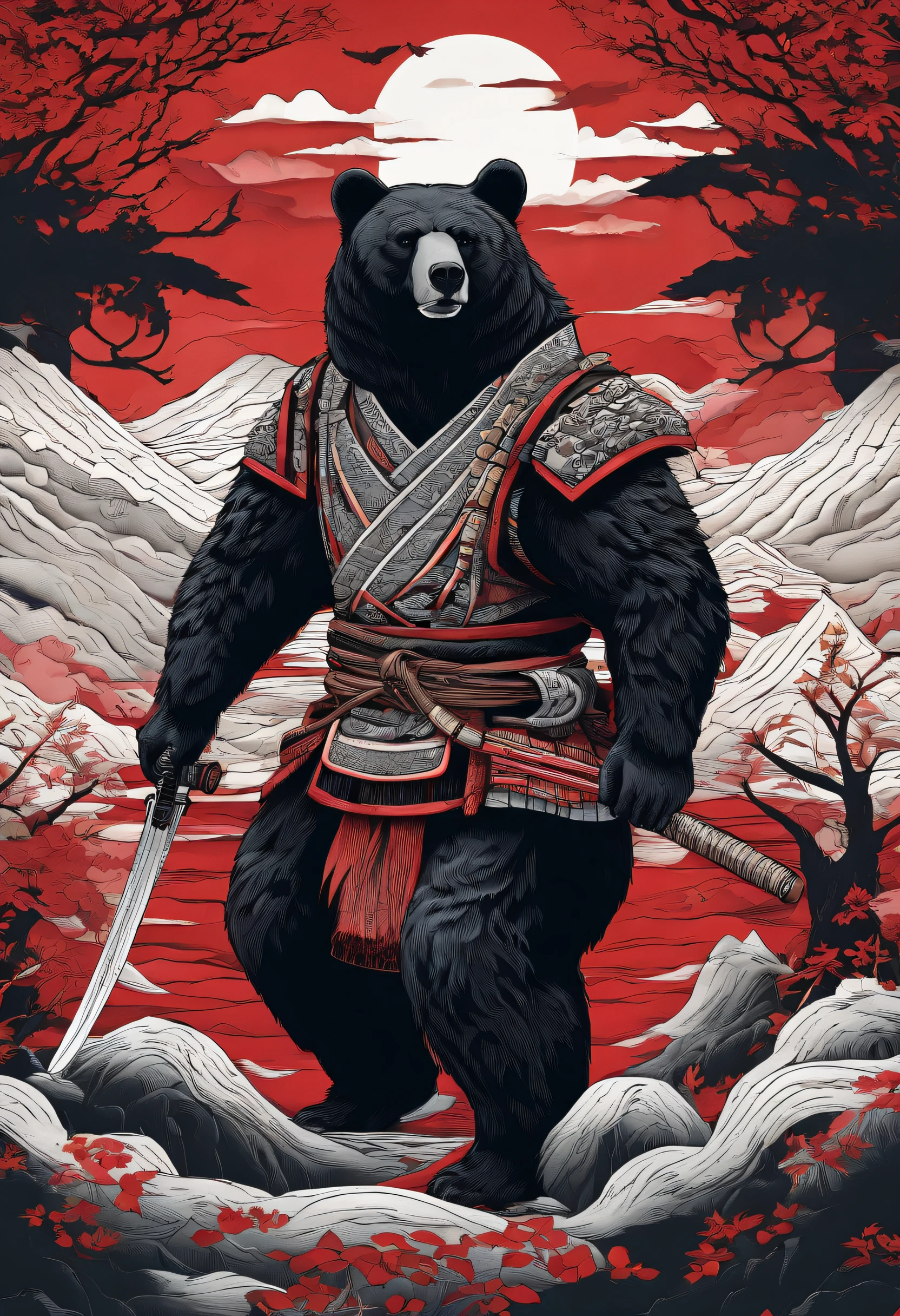 "(Black Bear Samurai+rot+blanche), Sharp eye light、Japanese Katana Sword、Colorful colors、incredible details, Traditional background of Japan, Magnificent illustrations, Perfect picture quality"