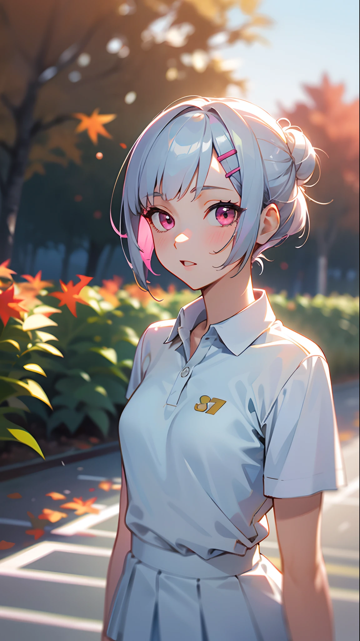 girl with, Solo, Tennis attracts, White polo shirt, White sneakers, White mini skirt, Short hair with silver bob styled in a bun with hair clip, Pink eyes, Small breasts, outside of house, Autumn trees々, Bokeh, hightquality, 4K, Portraits, Vibrant colors, Natural lighting.