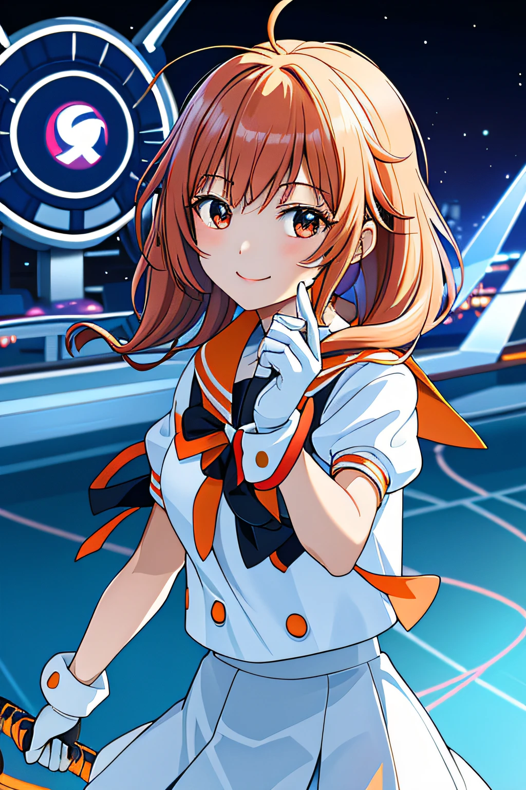Cybernetic arm and glowing cyber girl,(J Women's Uniform,a sailor suit,White skirt,)Stand on a post-apocalyptic battlefield cityscape.Surrounded by a network of wires. Surrounded by a web of circuits. (Cyber Girl with Orange Glowing Sword:1.3), Glossy light brown and orange striped shorthair,Cute smile,Perfect round face,Black eyes,A cheerful smile that makes the viewer happy,Proper body proportion,Intricate details,Very delicate and beautiful hair,photos realistic,Dreamy,Professional Lighting,realistic shadow,Solo Focus,Beautiful hands,Beautiful fingers,Detailed finger features,detailed clothes features,Detailed hair features,detailed facial features,(masutepiece,top-quality,Ultra-high resolution output image,) ,(The 8k quality,),(Image Mode Ultra HD,),(Image Mode Ultra HD,),(SeaArt2 Mode.1:1.3),Dark Shadow Fantasy