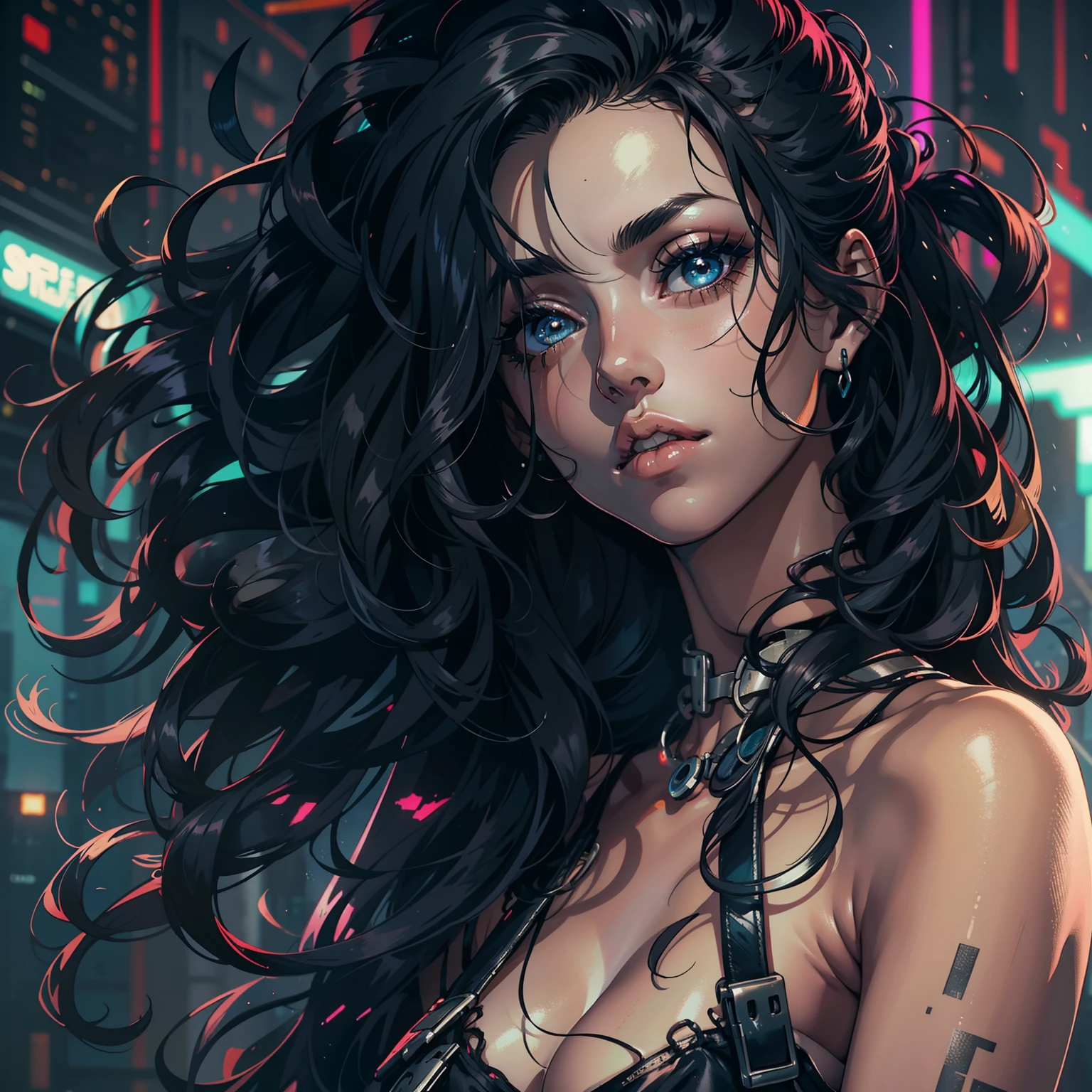 garota magra, branca, black hair curled and shabby, pose muito sensual, Beleza perfeita, Olhos bonitos Glossy Lips, seios muito pequenos aparecendo, mostrando os pequenos seios, cyberpunk