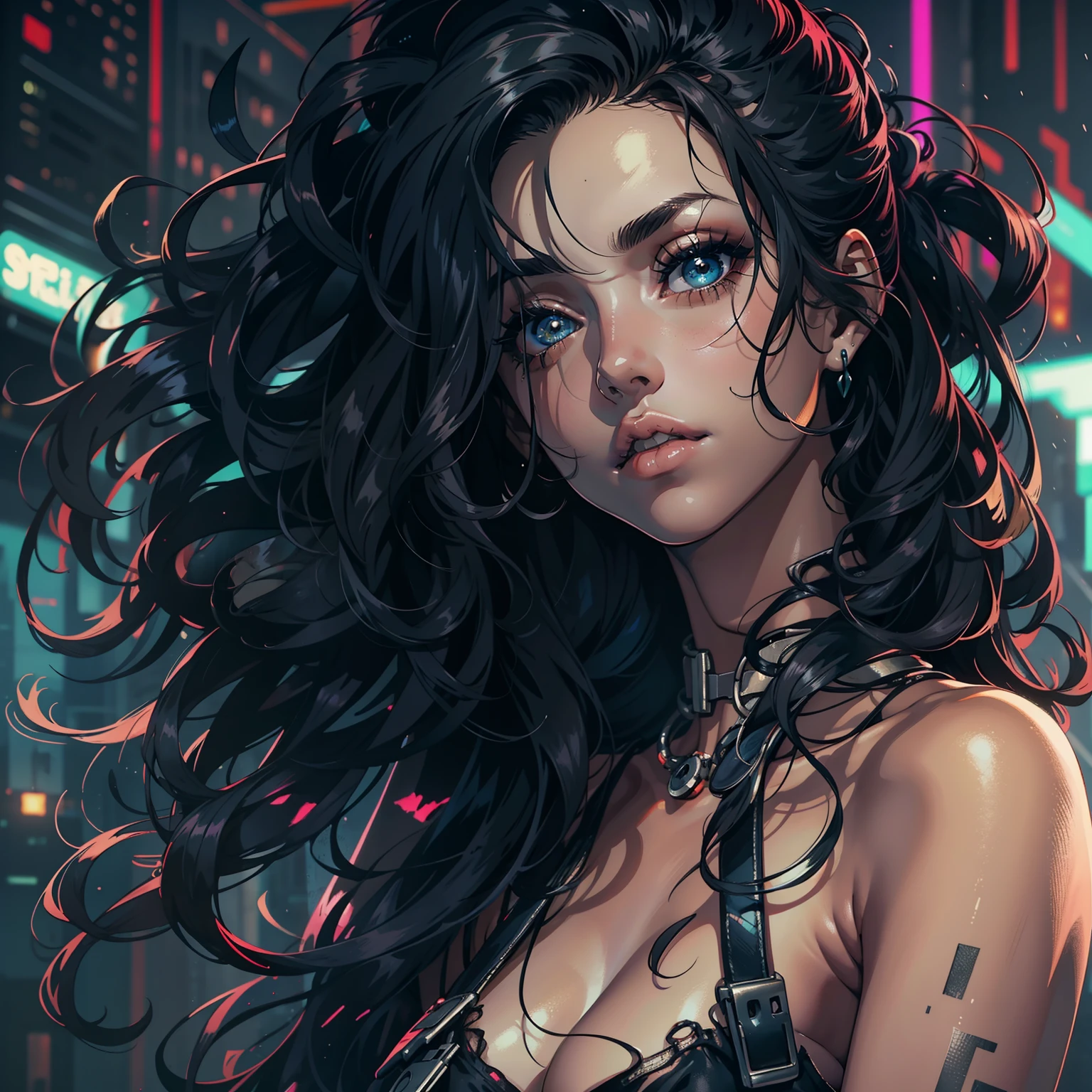 garota magra, branca, black hair curled and shabby, pose muito sensual, Beleza perfeita, Olhos bonitos　Glossy Lips,  seios muito pequenos aparecendo, mostrando os pequenos seios, cyberpunk