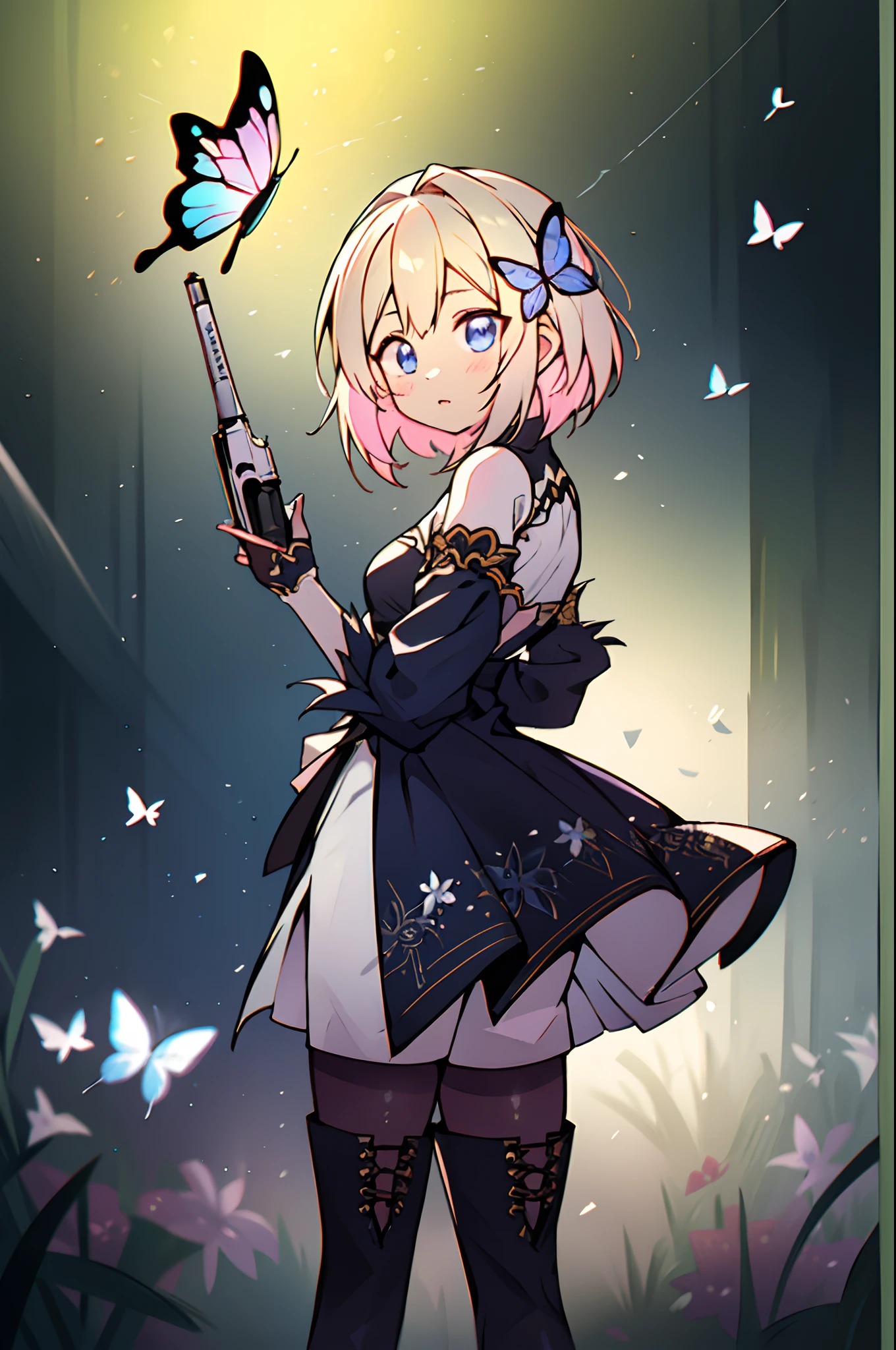 Octane Render、(Hyper-detailing: 1.15)、cinematic lightening、Taken from behind、Cute Fantasy Princess、Handgun shooting practice、Fine Pattern Pistol,long boots、ultradetailed eyes、Full Paint、(Floral hair ornament、butterfly hair ornament)、masutepiece、Anatomically correct、blur、depth of fields