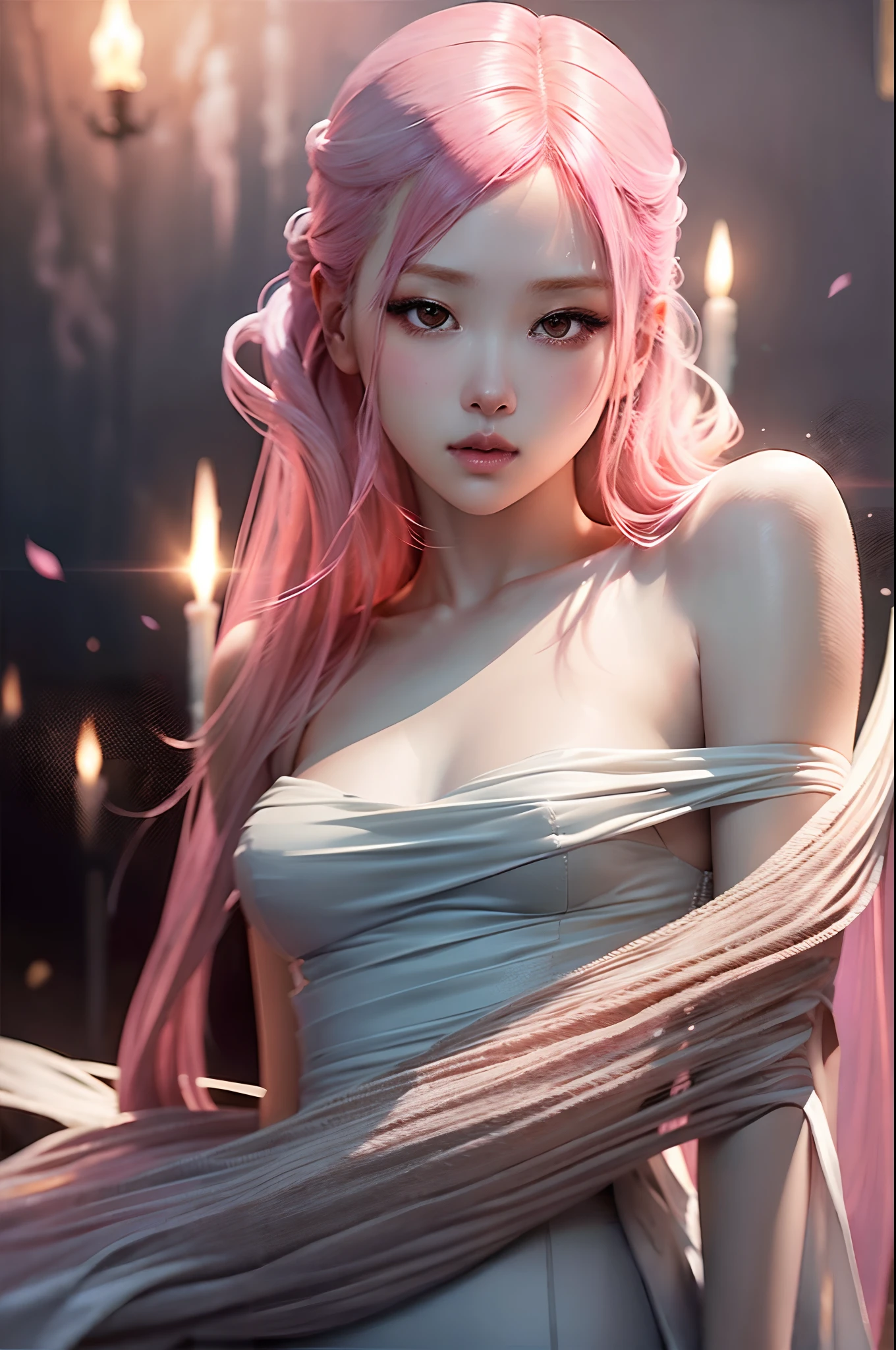 beautiful girl with a pink hair and a flowing white dress, rose from black pink, perfect slender body, small breast, her beautiful detailed eyes capture the ethereal glow. The image exudes the best quality, with a level of detail that is truly mesmerizing. The girl's face is illuminated by gentle studio lighting, emphasizing the delicate features that make her truly captivating. From her expressive eyes to her flowing pink hair, every aspect is rendered with ultra-fine painting, resulting in an incredibly lifelike portrayal. Technical expertise creates a masterpiece that captures the essence of beauty and harmony.