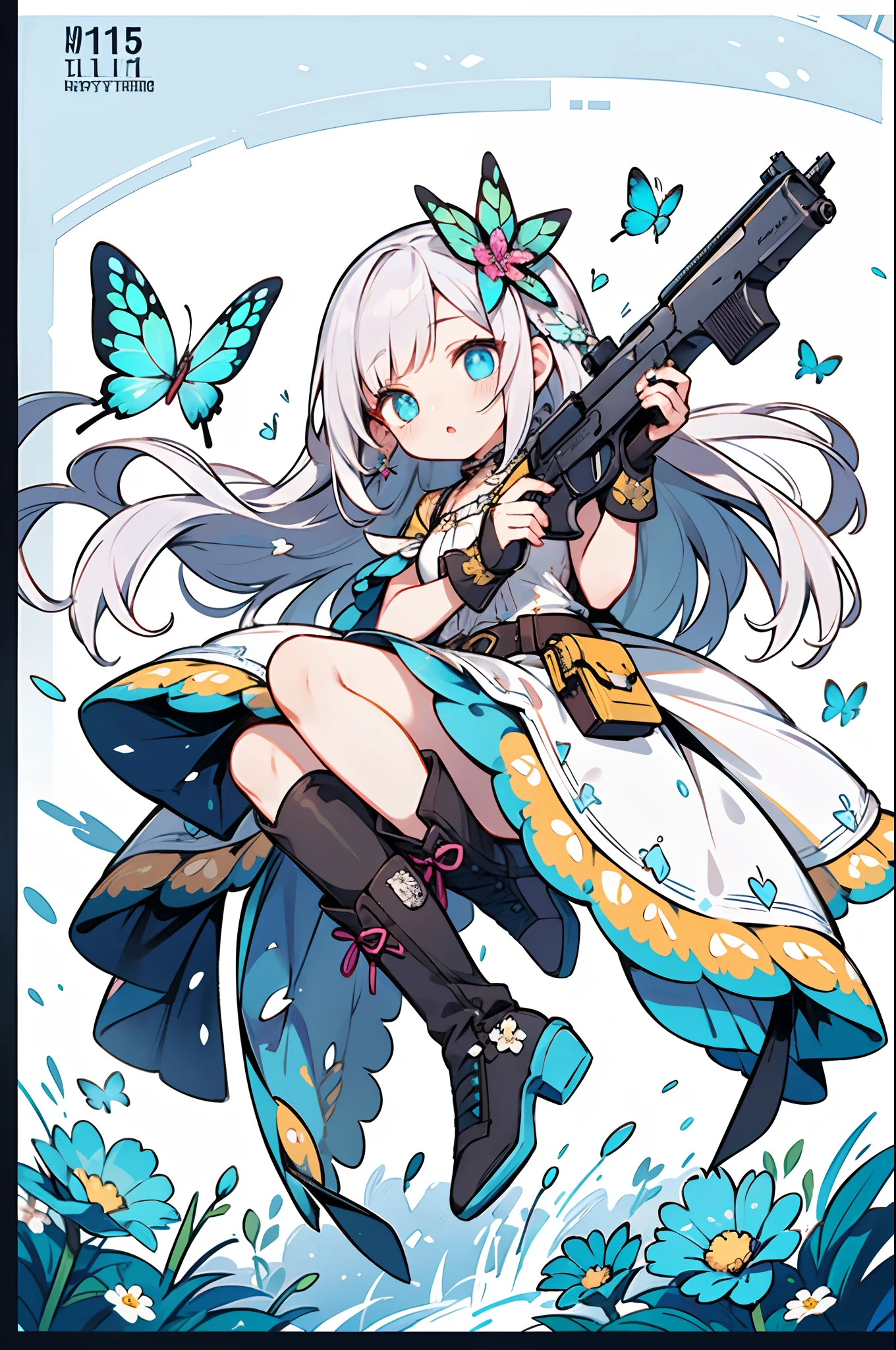 Octane Render、(Hyper-detailing: 1.15)、cinematic lightening、Taken from the side、Cute Fantasy Princess、Handgun shooting practice、Fine Pattern Pistol,long boots、ultradetailed eyes、Full Paint、(Floral hair ornament、butterfly hair ornament)、masutepiece、Anatomically correct、blur、depth of fields