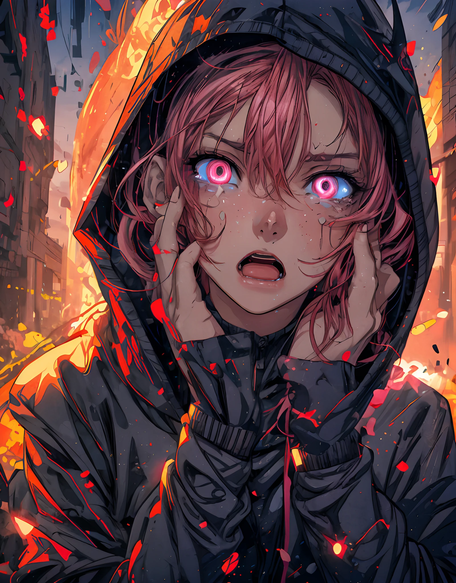 anime - style image of a person with pink eyes and a hoodie, demon slayer rui fanart, detailed digital anime art, break. Detail screaming, painfull facial expressions, with ((red_pink glowing eye lens)), guweiz on pixiv artstation, epic anime style,break, backlight, glowing flare around her