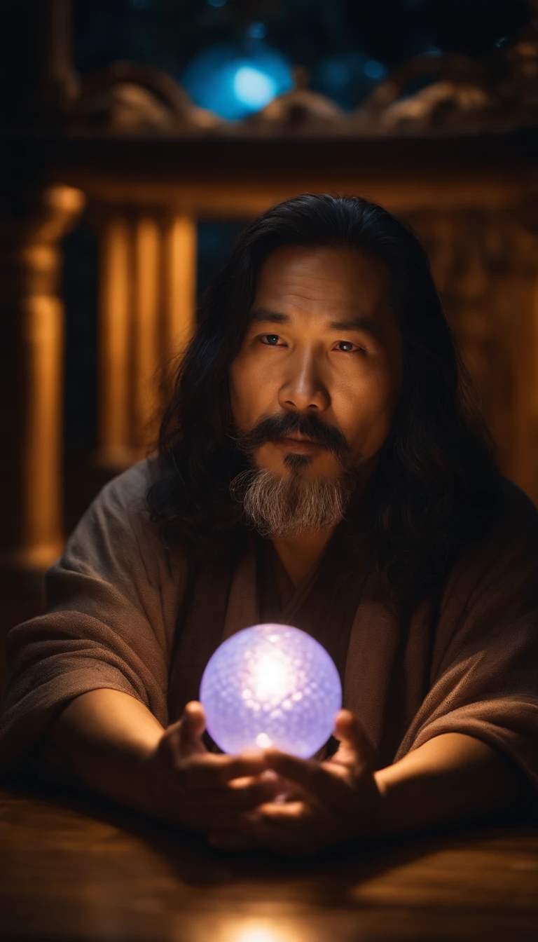 5  middle-aged Asian man close-up，Holding a glowing ball in his hand,Long hair，goatee，Sitting cross-legged meditation ignites the aura of magic around you