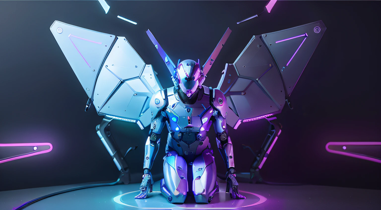wings leds, divine paradise. neon blue and Purple butterfly wings leds. heavenly illumination. God. Holy robotic. levitating. Position of god. Floating in a cathedral. strong, robust and masculine body. fat arms. Position of divinity. Floating. divine statue, pedestal, holy pedestal. levitating. masterpiece, best quality, a close up of a futuristic looking cyborg man with a fantastic cyber helmet head with blue and Purple triangle led lights and a halo, full body, dancing. dance. synthwave ballad. silver pants. wearing a blue and Purple techwear jacket, white church in background. jump, full body, robotic legs. divine statue, pedestal, holy pedestal. neon blue and Purple butterfly wings leds.