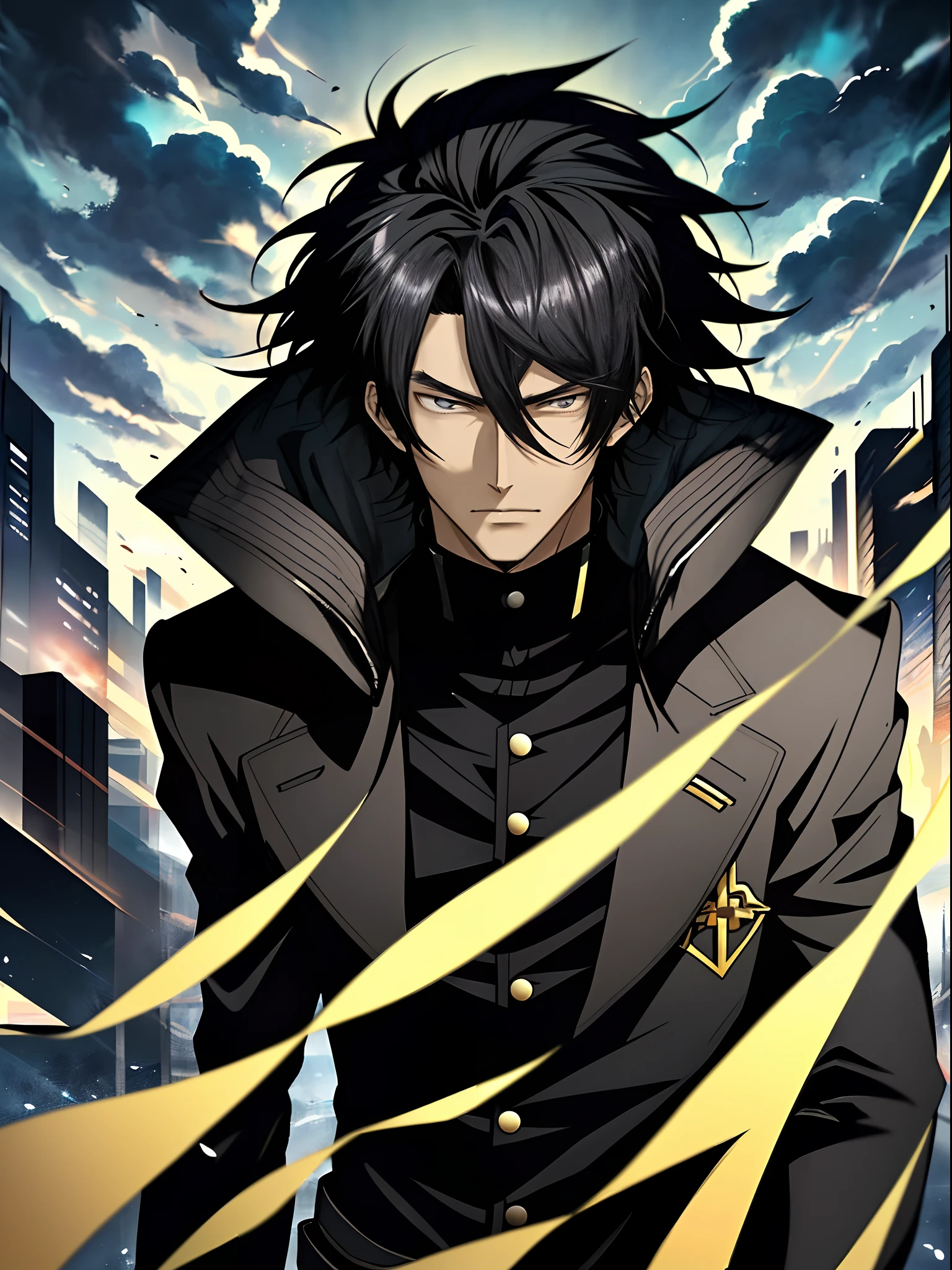 Anime man in a black coat,nigth， Black eyes，Black clouds, Anime handsome man, Anime portrait of a handsome man, Anime concept HD, Key anime art, male anime character