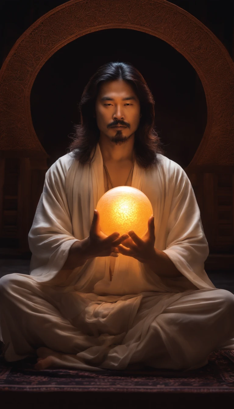 Close-up of a 30-year-old middle-aged Asian man，Holding a glowing ball in his hand,Long hair，goatee，Sitting cross-legged meditation ignites the aura of magic around you