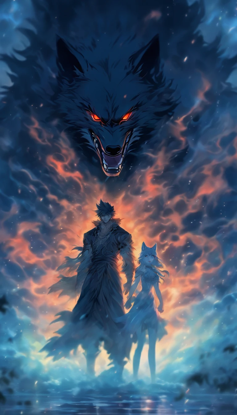A man standing in a dark room, two women emerging from the mist with their eyes glazed and wolf-like gaze, rushing towards the man with hostility, ,32k, best quality, masterpiece, super detail, high details by Jidaimono Anime Style