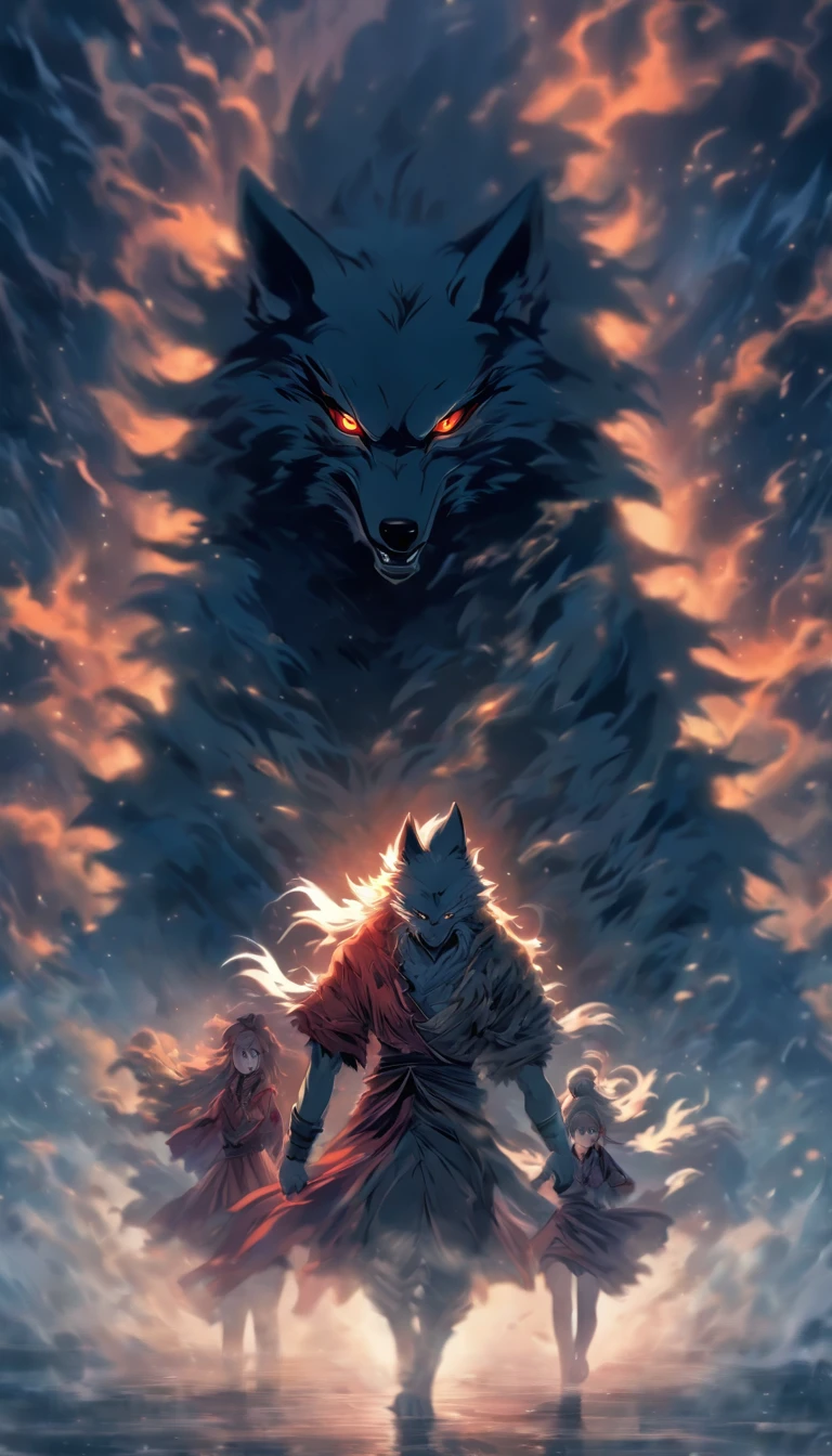 A man standing in a dark room, two women emerging from the mist with their eyes glazed and wolf-like gaze, rushing towards the man with hostility, ,32k, best quality, masterpiece, super detail, high details by Jidaimono Anime Style