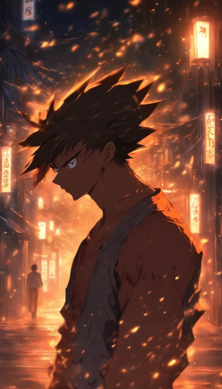 A sweaty and cautious man, looking around in a dark street with dim streetlights, the wind blowing his clothes, ,32k, best quality, masterpiece, super detail, high details by Jidaimono Anime Style