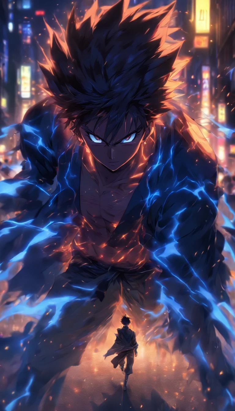 A sweaty and cautious man, looking around in a dark street with dim streetlights, the wind blowing his clothes, ,32k, best quality, masterpiece, super detail, high details by Jidaimono Anime Style