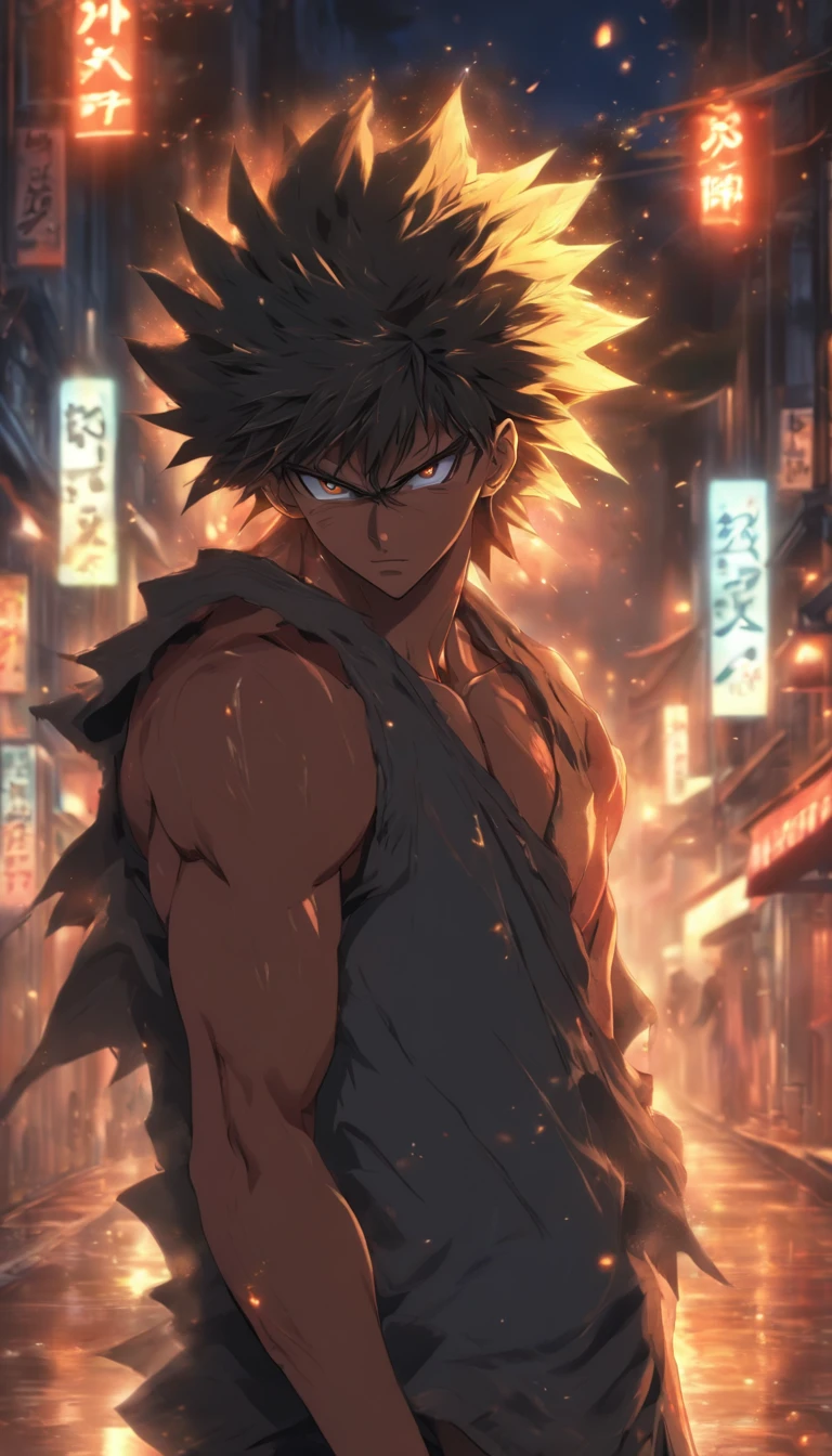 A sweaty and cautious man, looking around in a dark street with dim streetlights, the wind blowing his clothes, ,32k, best quality, masterpiece, super detail, high details by Jidaimono Anime Style