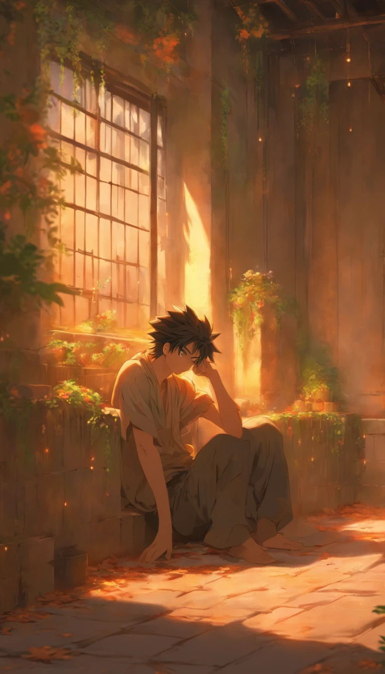 A young man lying on the bed, pale face and fine beads of sweat on his forehead, an old and dilapidated room with dim light shining on him through the window, a desolate courtyard outside with withered plants and silence, ,32k, best quality, masterpiece, super detail, high details by Jidaimono Anime Style