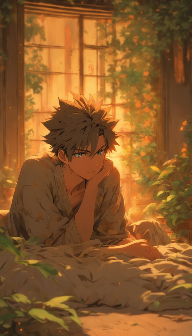 A young man lying on the bed, pale face and fine beads of sweat on his forehead, an old and dilapidated room with dim light shining on him through the window, a desolate courtyard outside with withered plants and silence, ,32k, best quality, masterpiece, super detail, high details by Jidaimono Anime Style