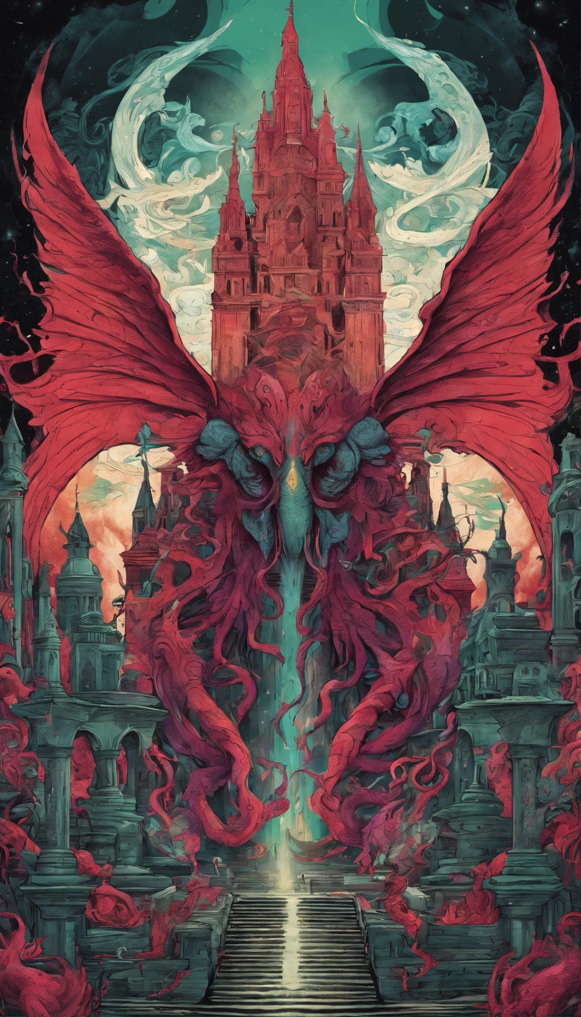From the depths he emerges,
The Cthulhu's Parade in crimson hues.
Whispers of the otherworldly echo,
A festival where madness and beauty fuse.

In the night sky adorned with abyssal splendor,
Feathers stained with blood dance and soar.
Entwined by threads of fate,
The deranged revel in ecstasy's roar.

Oh mighty Cthulhu, ruler of the depths,
In our pursuit of desires so forlorn,
We embark on a path of madness and despair,
Guided by the disciples of the one we adorn.

On the grand boulevard, grotesque forms stride,
Where terror and beauty intertwine.
In the realm betwixt dreams and nightmares,
We surrender ourselves to euphoria's shrine.

Praise his name, the great Cthulhu,
Monarch of the abyss, the wellspring of our insanity.
In this eternal procession's stage,
We celebrate the coming of the world's calamity.