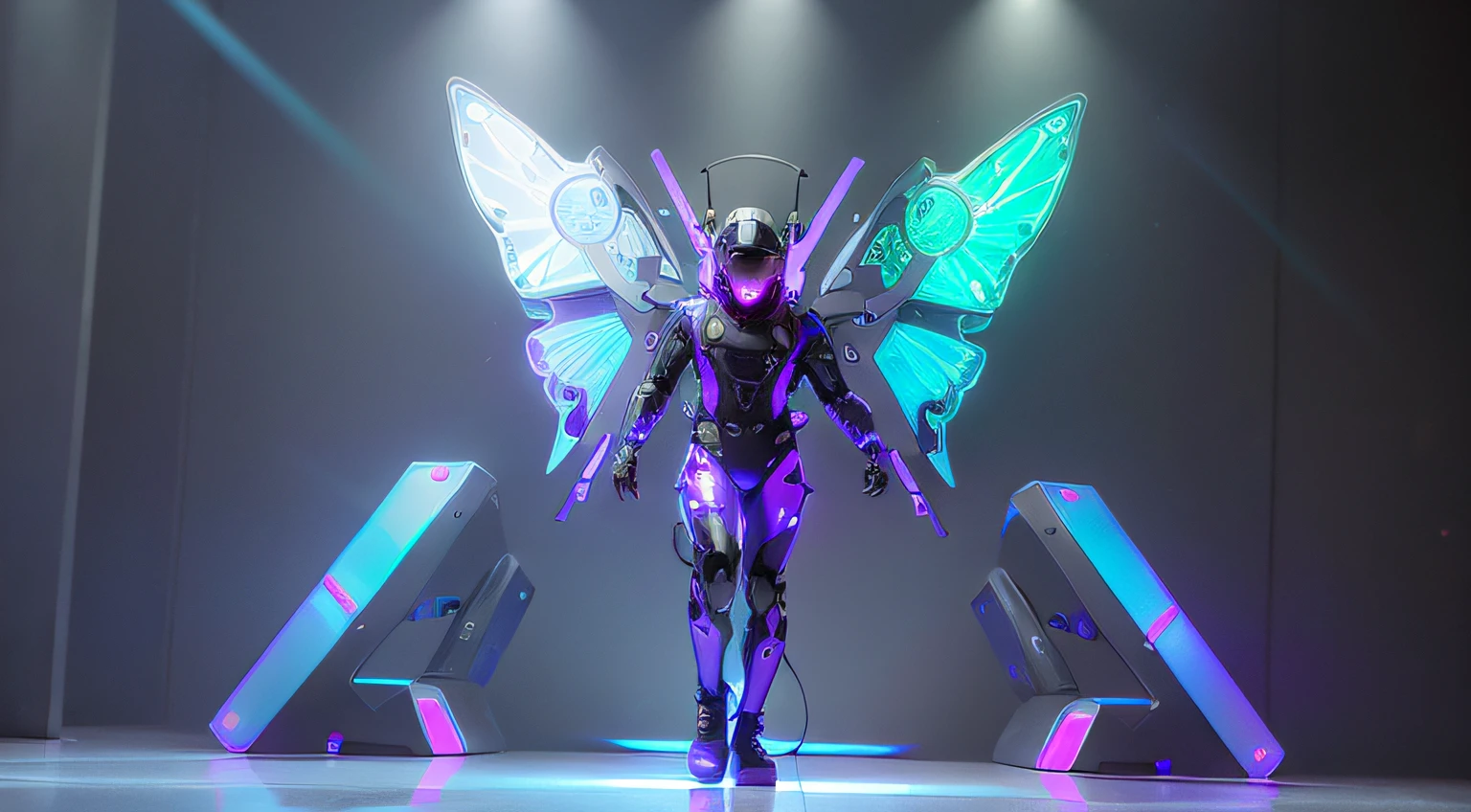 wings leds, divine paradise. neon blue and Purple butterfly wings leds. heavenly illumination. God. Holy robotic. levitating. Position of god. Floating in a cathedral. strong, robust and masculine body. fat arms. Position of divinity. Floating. divine statue, pedestal, holy pedestal. levitating. masterpiece, best quality, a close up of a futuristic looking cyborg man with a fantastic cyber helmet head with blue and Purple triangle led lights and a halo, full body, dancing. dance. synthwave ballad. silver pants. wearing a blue and Purple techwear jacket, white church in background. jump, full body, robotic legs. divine statue, pedestal, holy pedestal. neon blue and Purple butterfly wings leds.