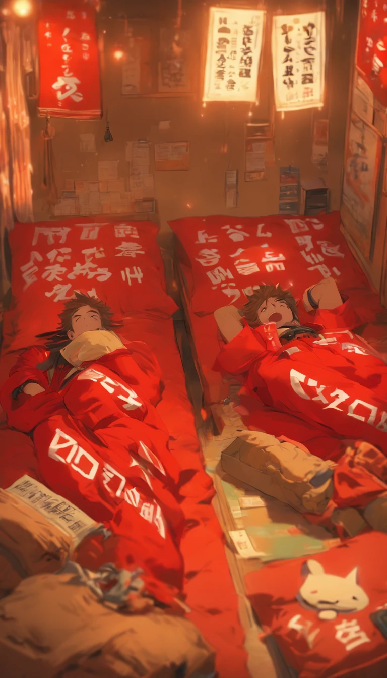 Two exhausted actors lying on separate beds in a room, wearing red undercover clothes, with a dimly lit warning sign on the wall, ,32k, best quality, masterpiece, super detail, high details by Jidaimono Anime Style