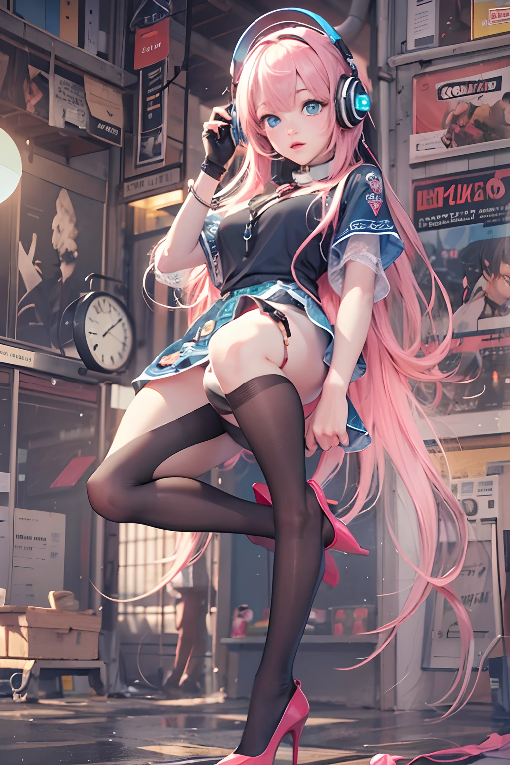 Masterpiece, Best quality, Masterpiece,Best quality,offcial art,Extremely detailed Cg Unity 8K wallpaper, day, Sunset, over the sea, Huge_filesize, absurderes, Real, Girl, tchibi, Long hair, Pink hair, crossed bangs, aqua eyes, Blue eyes, Bare_bshoulders, Miniskirt, low legs_Panties/Low_Leg_Panties, Black pantyhose, panties over pantyhose, High heels, headphones around their necks, Collar, pendant,