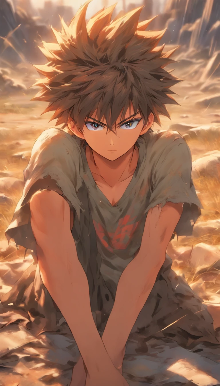 A young man lying on the ground, exhausted, with tattered clothes and sweat-soaked hair, surrounded by a desolate landscape, ,32k, best quality, masterpiece, super detail, high details by Jidaimono Anime Style