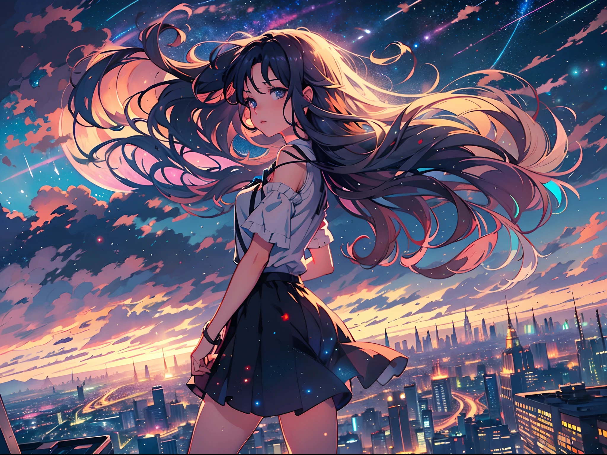 (best quality,4k,highres,masterpiece:1.2),ultra-detailed,realistic,anime girl standing on rooftop staring at night sky with stars and rainbow,rainbow starry night,anime-style art,beautiful detailed eyes,beautiful detailed lips,extremely detailed eyes and face,long eyelashes,vibrant colors,portraits,landscape,cityscape,huge full moon,quiet and calm atmosphere,majestic skyline with towering buildings,peaceful and serene feeling,detailed architecture silhouette,motionless and still air,soft gentle breeze,wispy clouds and fog,luminous starry sky,sparkling and shimmering stars,breathtaking star-filled backdrop,gorgeous vibrant rainbow,softly glowing rainbow colors,shooting stars streaking across the sky,crisp and clear view of night sky,gorgeous anime art wallpaper,ethereal and dreamlike setting,makoto shinkai cyril rolando-inspired illustration,immersive and captivating scene,mesmerizing anime girl with flowing hair,calm and content expression,city lights twinkling below,nighttime cityscape with glowing windows,tranquil and awe-inspiring rooftop view,peaceful and mesmerizing ambiance,reflective and contemplative moment,deep sense of tranquility and solitude,light pollution revealing distant galaxies and constellations,awe-inspiring beauty of the universe,heartwarming sense of wonder and awe.