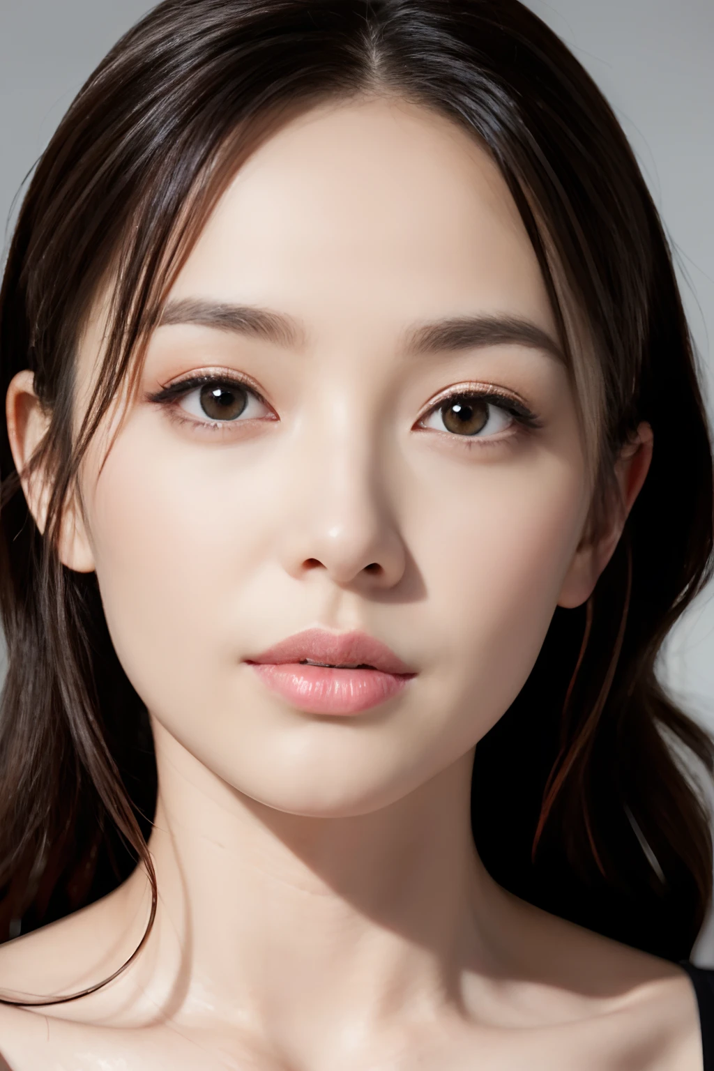 (8K, HDR, highres), ((((Photography, RAW photo, hyperrealism, masterpiece, best quality, ultra highres)))), (pin light, back light, backlighting, cinematic light), sharp focus:1. 4, (hyper detail, finely detailed), face close-up, close-up,
1girl, A face shaped like an egg, with large and beautiful cat-like eyes, a cute and button-like nose, small and pretty plump lips, thick eyebrows and long and beautiful eyelashes. The overall makeup is transparent, with a touch of pink on the cheeks and sparkling lip gloss. The hairstyle is long with wavy waves.
