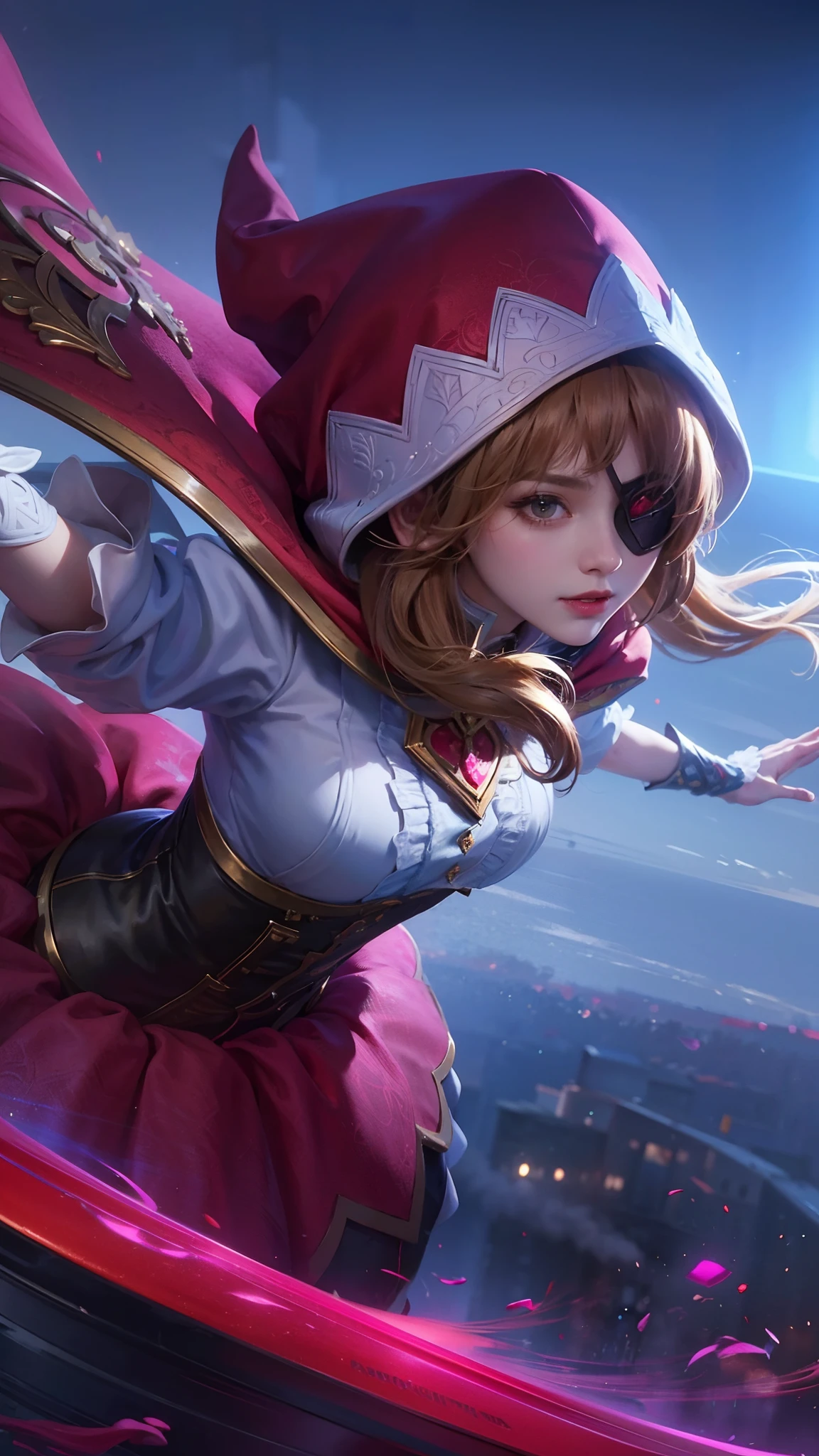 a close up of a woman wearing a red hood like a ruby ​​wearing a patch over one eye, shadowbringers cinematic, 4 k detail fantasy, a beautiful fantasy empress, game cg, xianxia fantasy, xianxia hero, 2. 5 d cgi anime fantasy artwork, cinematic goddess close shot, ruan jia and artgerm, wow 4 k detail fantasy, hyperdetailed fantasy character