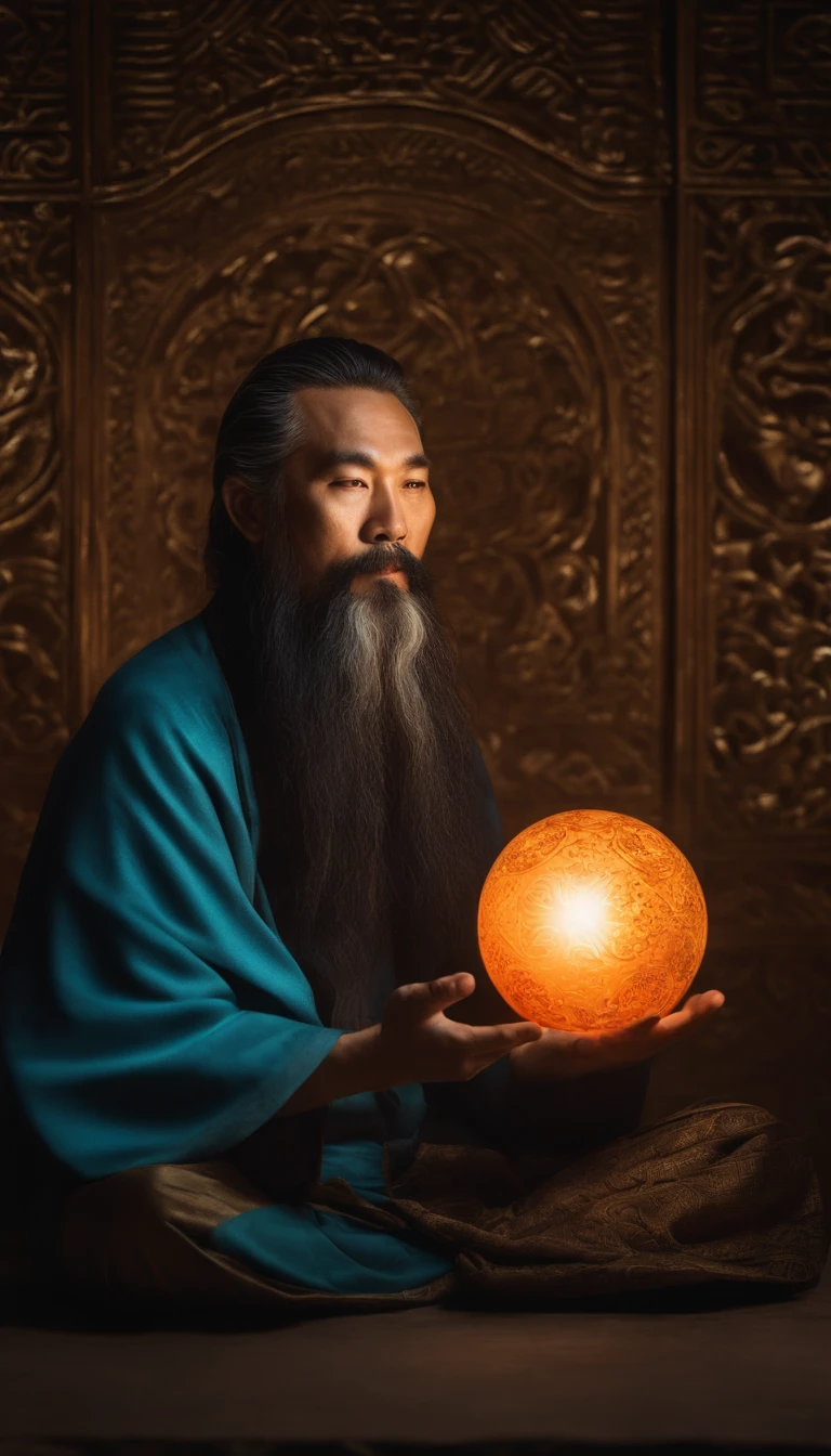 Close-up of a 30-year-old middle-aged Asian man,Holding a glowing ball in his hand,long whitr hair,Long beard,Sitting cross-legged meditation ignites the aura of magic around you,Taoist master,Taoist