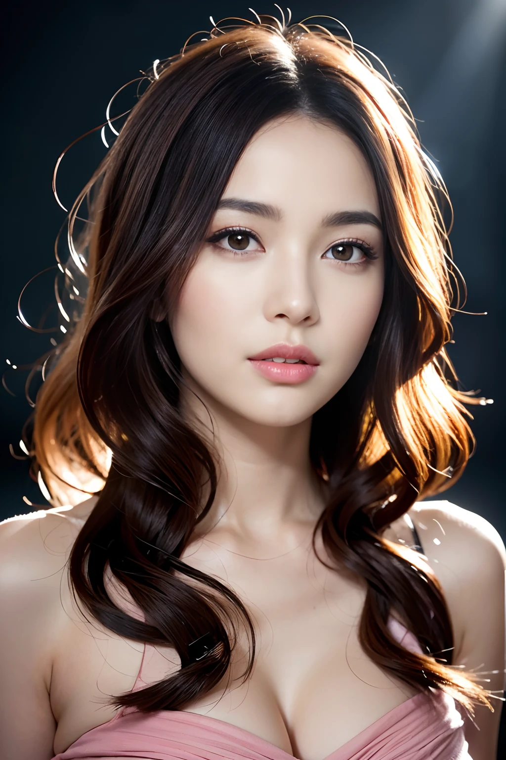 (8K, HDR, highres), ((((Photography, RAW photo, hyperrealism, masterpiece, best quality, ultra highres)))), (pin light, back light, backlighting, cinematic light), sharp focus:1. 4, (hyper detail, finely detailed), face close-up, close-up,
1girl, A face shaped like an egg, with large and beautiful cat-like eyes, a cute and button-like nose, small and pretty plump lips, thick eyebrows and long and beautiful eyelashes. The overall makeup is transparent, with a touch of pink on the cheeks and sparkling lip gloss. The hairstyle is long with wavy waves.