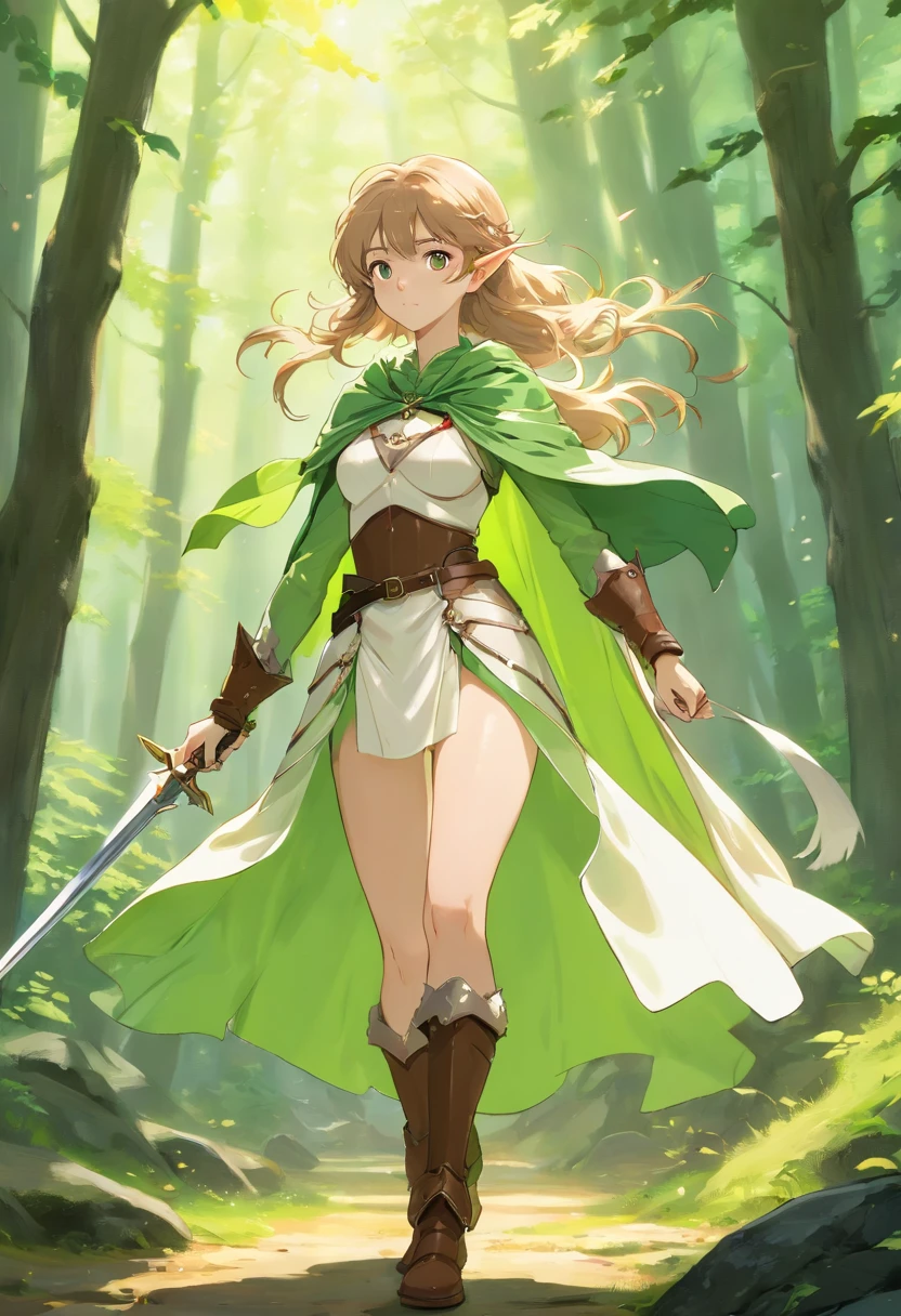 masterpiece, ultra detailed, 8K Portrait, Raw photo, a portrait photo of, Highly detailed face, beautiful and meticulous eyes, ((Fantasy)), Young beautiful, (((expressionless))), (((woman soldier))), ((elf)) tall, wavy long hair, gentle face, (((skin as white as pearl))), ((blond)), twig hair ornament, (((white silk long cloak))) Fluttering in the wind, (((light green and brown cloth armor))), leather boots, (((fidgeting posing))), ((equip a rapier)), (((with the spirit of the wind))), Midday Sun, Hyper realistic, Body model, Small breasts, Beautiful breasts, Long legs, in a deep forest, Ambient lighting, Shadow details, Camera focus on face, strong breeze, Light fog