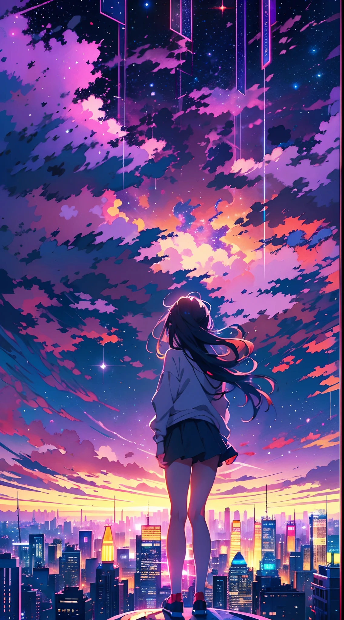 (best quality,4k,highres,masterpiece:1.2),ultra-detailed,realistic,anime girl standing on rooftop staring at night sky with stars and rainbow,rainbow starry night,anime-style art,beautiful detailed eyes,beautiful detailed lips,extremely detailed eyes and face,long eyelashes,vibrant colors,portraits,landscape,cityscape,huge full moon,quiet and calm atmosphere,majestic skyline with towering buildings,peaceful and serene feeling,detailed architecture silhouette,motionless and still air,soft gentle breeze,wispy clouds and fog,luminous starry sky,sparkling and shimmering stars,breathtaking star-filled backdrop,gorgeous vibrant rainbow,softly glowing rainbow colors,shooting stars streaking across the sky,crisp and clear view of night sky,gorgeous anime art wallpaper,ethereal and dreamlike setting,makoto shinkai cyril rolando-inspired illustration,immersive and captivating scene,mesmerizing anime girl with flowing hair,calm and content expression,city lights twinkling below,nighttime cityscape with glowing windows,tranquil and awe-inspiring rooftop view,peaceful and mesmerizing ambiance,reflective and contemplative moment,deep sense of tranquility and solitude,light pollution revealing distant galaxies and constellations,awe-inspiring beauty of the universe,heartwarming sense of wonder and awe.