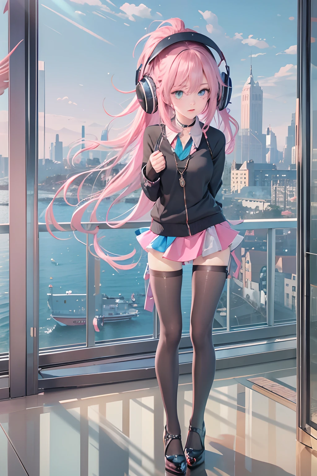 Masterpiece, Best quality, Masterpiece,Best quality,offcial art,Extremely detailed Cg Unity 8K wallpaper, day, Sunset, over the sea, Huge_filesize, absurderes, Real, Girl, tchibi, Long hair, Pink hair, crossed bangs, aqua eyes, Blue eyes, Bare_bshoulders, Miniskirt, low legs_Panties/Low_Leg_Panties, Black pantyhose, panties over pantyhose, High heels, headphones around their necks, Collar, pendant,