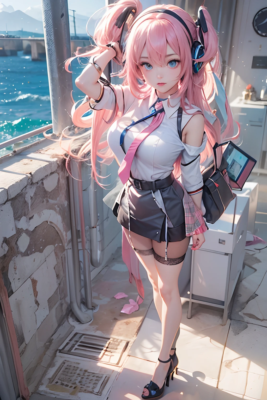 official art, masterpiece, sharp focus, (beautiful gorgeous cute Korean woman:1.3), (beautiful cute korean:1.3), korean beauty, Delicate and beautiful hair and eyes and face, realistic, ultra detailed, beautiful girl, blue sky, glow white particle, (sidelighting:1.2), sun light, white cloud, detailed clouds, slender, Lovely very large breasts and very large hips, smile with teeth, ((smile with eyes, open both eyes)), scenery, long straight hair, sexy facial expression, building, (cityscape:1.7), dynamic hair, long straight hair, detailed platinum pink hair, glow blue eyes, (blue pleated shirts + white skirt), white long socks, pale skin, hair ornament, epic scenery,