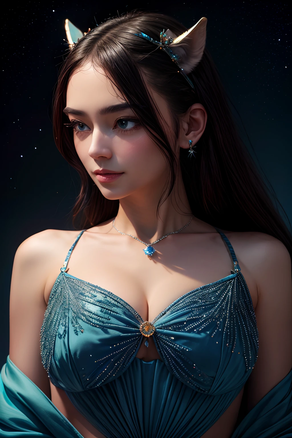 opals，blue colors，Inlaid pendant，corsage，Sea of Stars，jewely，high-class，Fashionab，Fashion Festival，chanel，Star Black Hair, hair bobbles, wince, longeyelashes, solid circle eyes, fake animal ears, light smile, ear blush, fang, drop shadow, anaglyph, stereogram, tachi-e, pov, atmospheric perspective, 8k, super detail, ccurate, best qualit