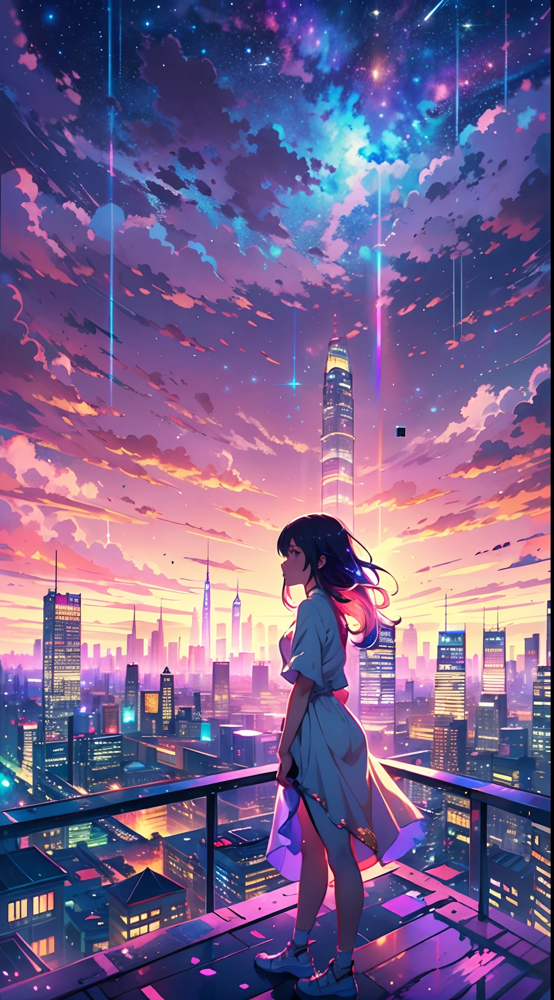 (best quality,4k,highres,masterpiece:1.2),ultra-detailed,(rainbow in the sky:1.2),realistic,anime girl standing on rooftop staring at night sky with stars and rainbow,rainbow starry night,anime-style art,beautiful detailed eyes,beautiful detailed lips,extremely detailed eyes and face,long eyelashes,vibrant colors,portraits,landscape,cityscape,huge full moon,quiet and calm atmosphere,majestic skyline with towering buildings,peaceful and serene feeling,detailed architecture silhouette,motionless and still air,soft gentle breeze,wispy clouds and fog,luminous starry sky,sparkling and shimmering stars,breathtaking star-filled backdrop,gorgeous vibrant rainbow,softly glowing rainbow colors,shooting stars streaking across the sky,crisp and clear view of night sky,gorgeous anime art wallpaper,ethereal and dreamlike setting,makoto shinkai cyril rolando-inspired illustration,immersive and captivating scene,mesmerizing anime girl with flowing hair,calm and content expression,city lights twinkling below,nighttime cityscape with glowing windows,tranquil and awe-inspiring rooftop view,peaceful and mesmerizing ambiance,reflective and contemplative moment,deep sense of tranquility and solitude,light pollution revealing distant galaxies and constellations,awe-inspiring beauty of the universe,heartwarming sense of wonder and awe.