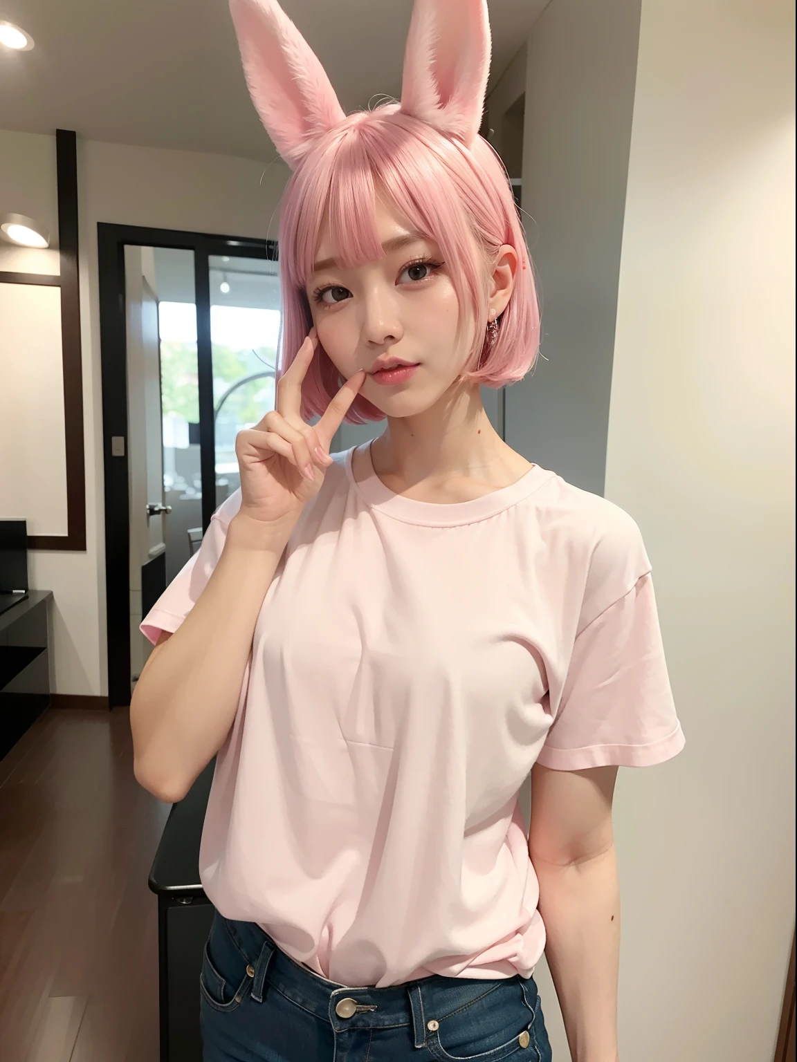 Smaller T-shirt、Tight jeans、Pink Shortcut Bob、Realistic rabbit ears、Realistic ears of rabbits sticking out of the head、Pink hair、Bewitching atmosphere、Beautiful shaped hands、K-POP、Pink rabbit ears、1 girl in、独奏、​masterpiece、top-quality、realisitic、Hyper-detailing、(Glossy skin:1.4)、absurderes、short pink hair、Slender beauties、动态照明、hight resolution、foco nítido、depth of fields、(thick thight:1.0)、A slender :1.2、((Short-cut bob hair))、((k pop:1.3))、Highly detailed facial and skin texture、((魅惑的))、Anatomically correct number of fingers、Correct anatomy、
