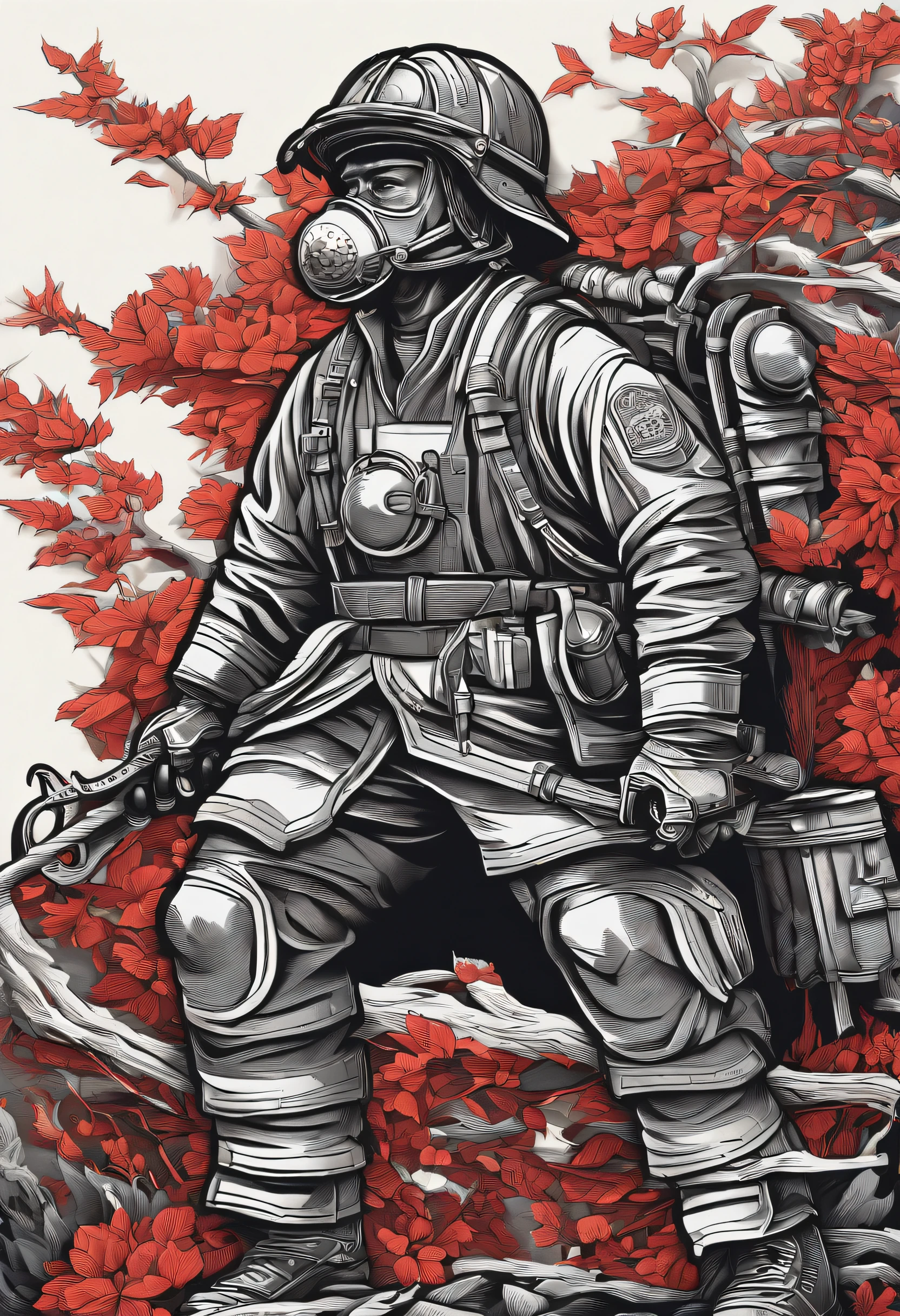 "(Black Firefighter+rot+blanche), serious facial expression、Fighting Fire、Colorful colors、incredible details, Traditional background of Japan, Magnificent illustrations, Perfect picture quality"