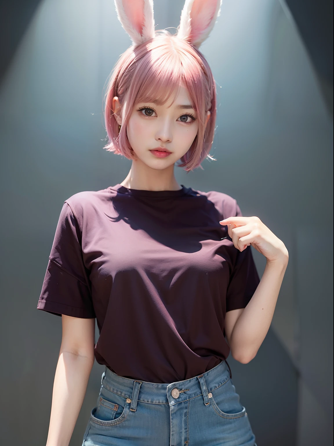 Smaller T-shirt、Tight jeans、Pink Shortcut Bob、Realistic rabbit ears、Realistic ears of rabbits sticking out of the head、Pink hair、Bewitching atmosphere、Beautiful shaped hands、K-POP、Pink rabbit ears、1 girl in、独奏、masterpiece、top-quality、realisitic、Hyper-detailing、(Glossy skin:1.4)、absurderes、short pink hair、Slender beauties、动态照明、hight resolution、foco nítido、depth of fields、(thick thight:1.0)、A slender :1.2、((Short-cut bob hair))、((k pop:1.3))、Highly detailed facial and skin texture、((魅惑的))、Anatomically correct number of fingers、Correct anatomy、