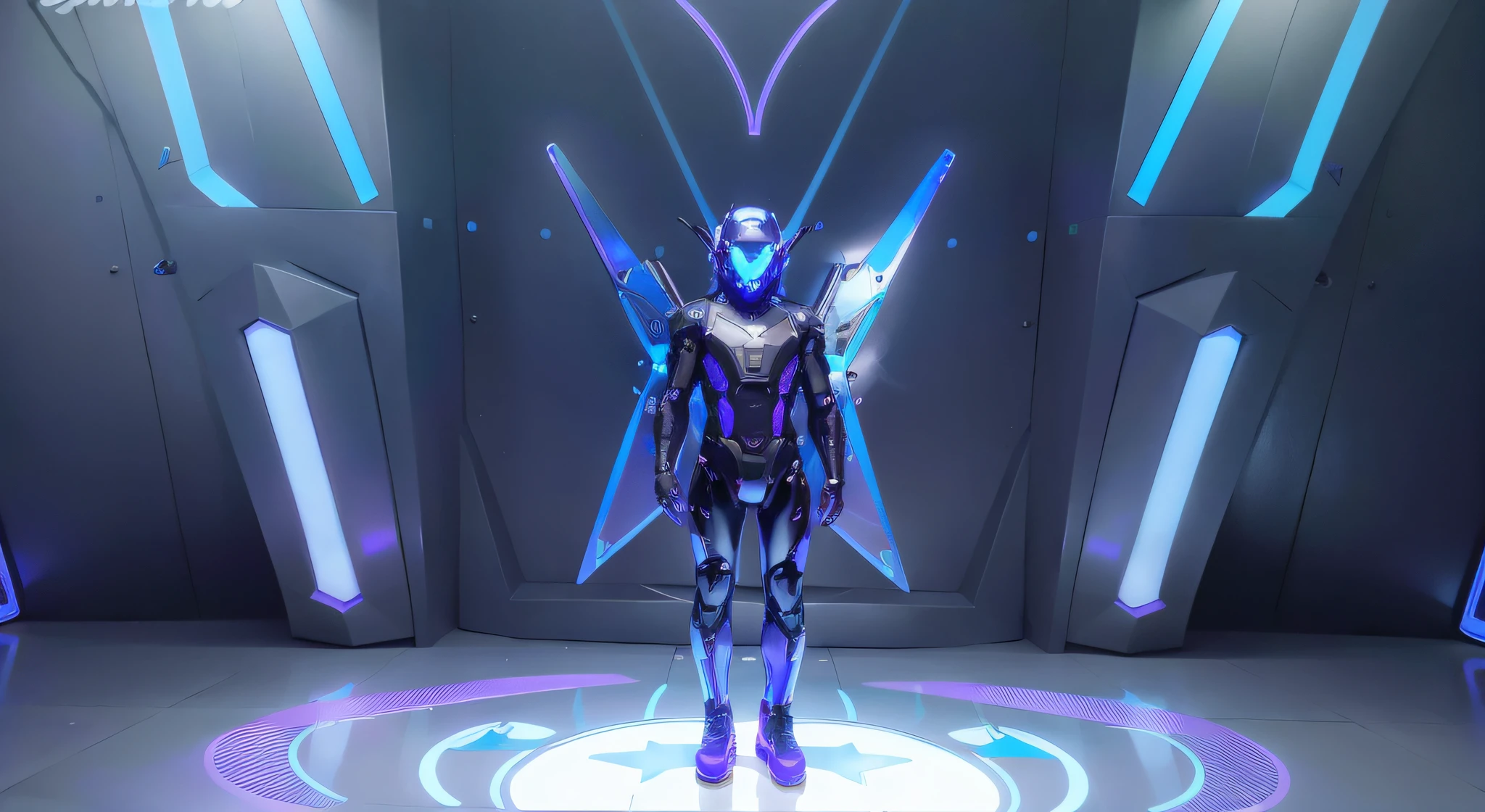 MALE. MAN. MAN. MALE..wings leds, divine paradise. neon blue and Purple butterfly wings leds. heavenly illumination. God. Holy robotic. levitating. Position of god. Floating in a cathedral. strong, robust and masculine body. fat arms. Position of divinity. Floating. divine statue, pedestal, holy pedestal. levitating. masterpiece, best quality, a close up of a futuristic looking cyborg man with a fantastic cyber helmet head with blue and Purple triangle led lights and a halo, full body, dancing. dance. synthwave ballad. silver pants. wearing a blue and Purple techwear jacket, white church in background. jump, full body, robotic legs. divine statue, pedestal, holy pedestal. neon blue and Purple butterfly wings leds. MASCULINE. MALE