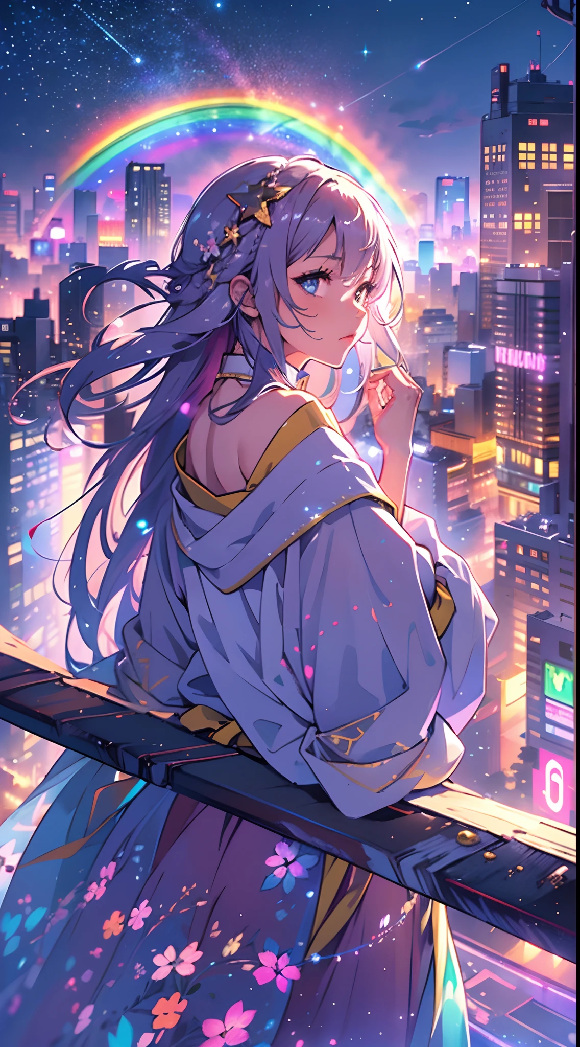 (best quality,4k,highres,masterpiece:1.2),ultra-detailed,(rainbow in the sky:1.2),realistic,anime girl standing on rooftop staring at night sky with stars and rainbow,rainbow starry night,anime-style art,beautiful detailed eyes,beautiful detailed lips,extremely detailed eyes and face,long eyelashes,vibrant colors,portraits,landscape,cityscape,huge full moon,quiet and calm atmosphere,majestic skyline with towering buildings,peaceful and serene feeling,detailed architecture silhouette,motionless and still air,soft gentle breeze,wispy clouds and fog,luminous starry sky,sparkling and shimmering stars,breathtaking star-filled backdrop,gorgeous vibrant rainbow,softly glowing rainbow colors,shooting stars streaking across the sky,crisp and clear view of night sky,gorgeous anime art wallpaper,ethereal and dreamlike setting,makoto shinkai cyril rolando-inspired illustration,immersive and captivating scene,mesmerizing anime girl with flowing hair,calm and content expression,city lights twinkling below,nighttime cityscape with glowing windows,tranquil and awe-inspiring rooftop view,peaceful and mesmerizing ambiance,reflective and contemplative moment,deep sense of tranquility and solitude,light pollution revealing distant rainbow,awe-inspiring beauty of the universe,heartwarming sense of wonder and awe.